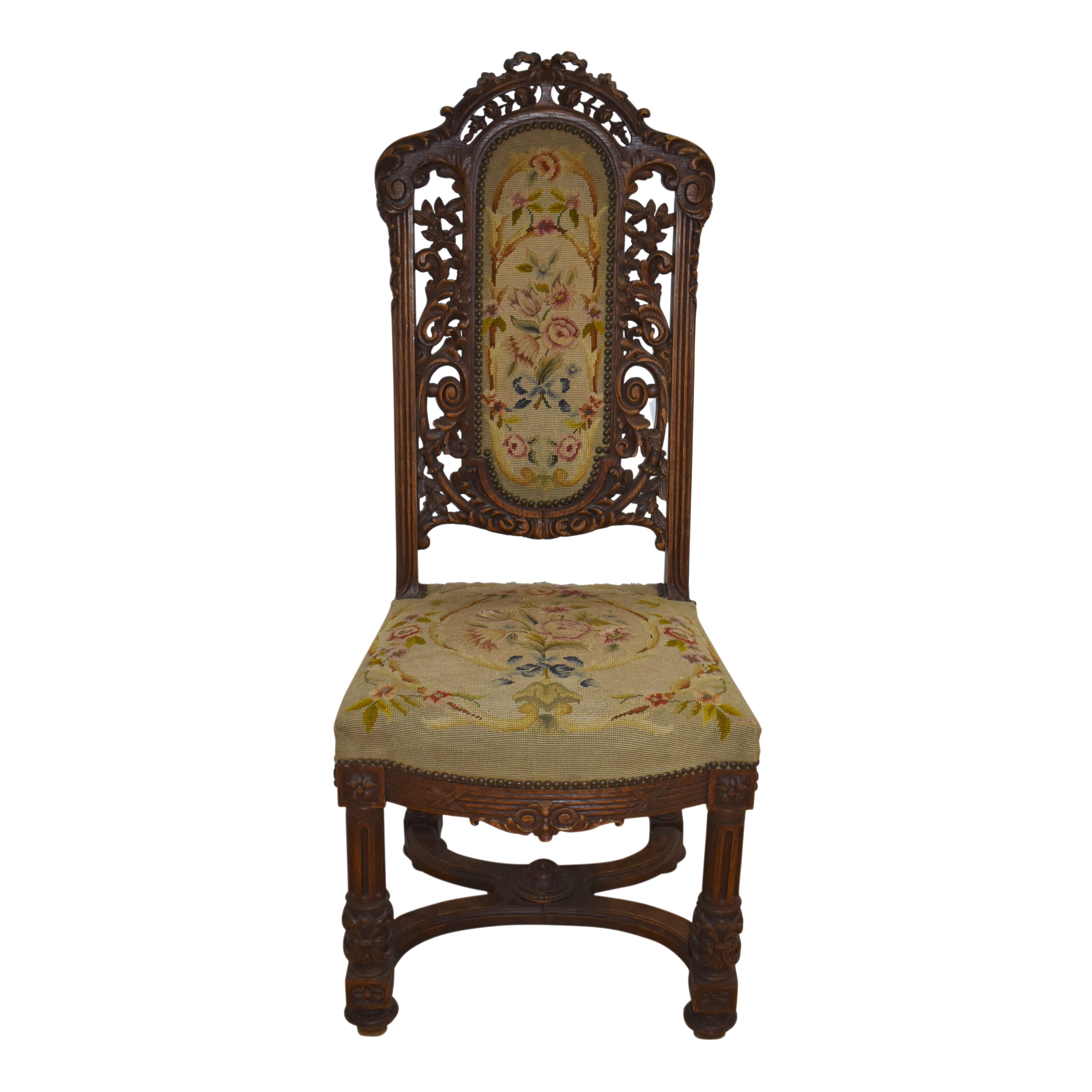 Louis XV Carved Oak Needlepoint Chair