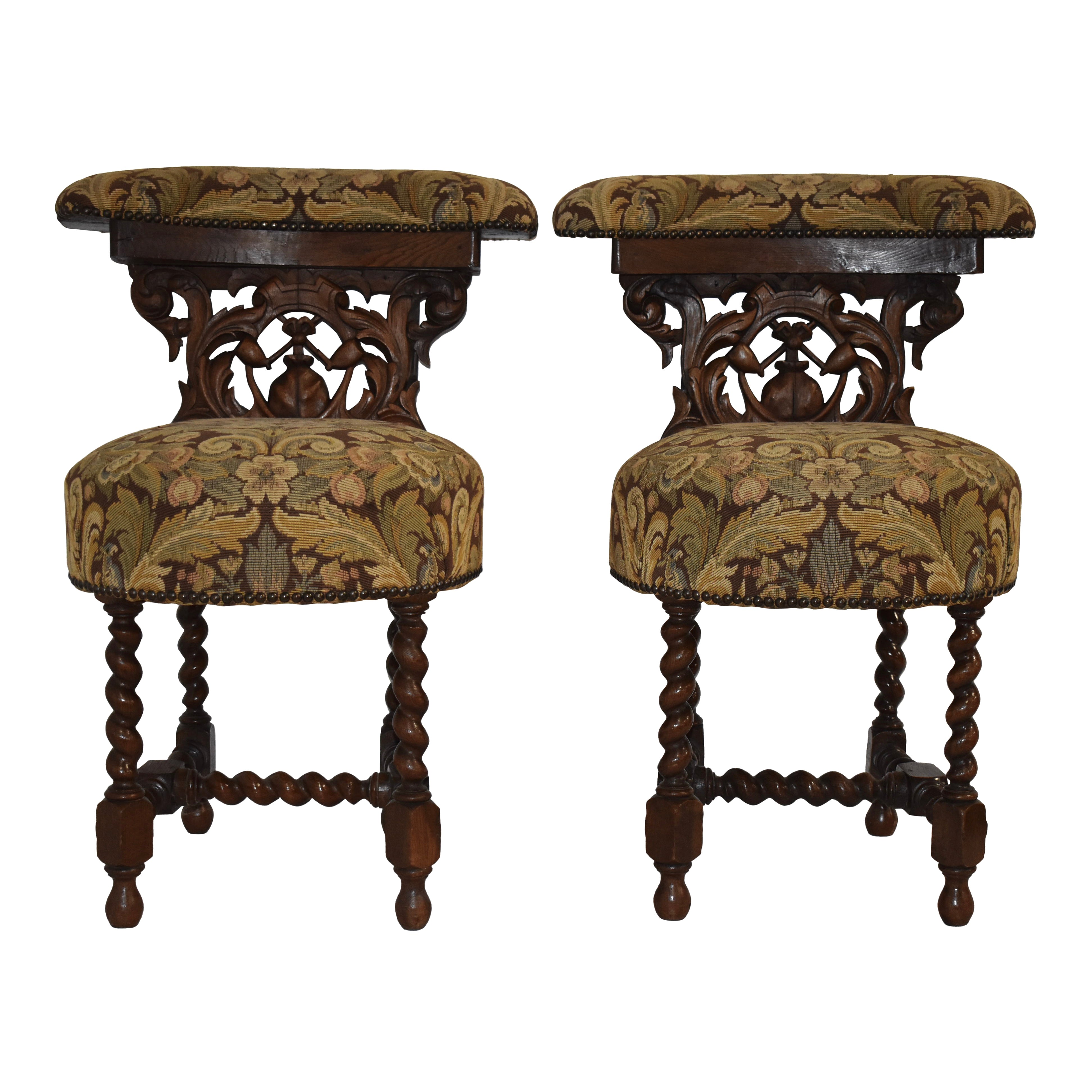 Carved Oak Smoking Chairs, Set of Two