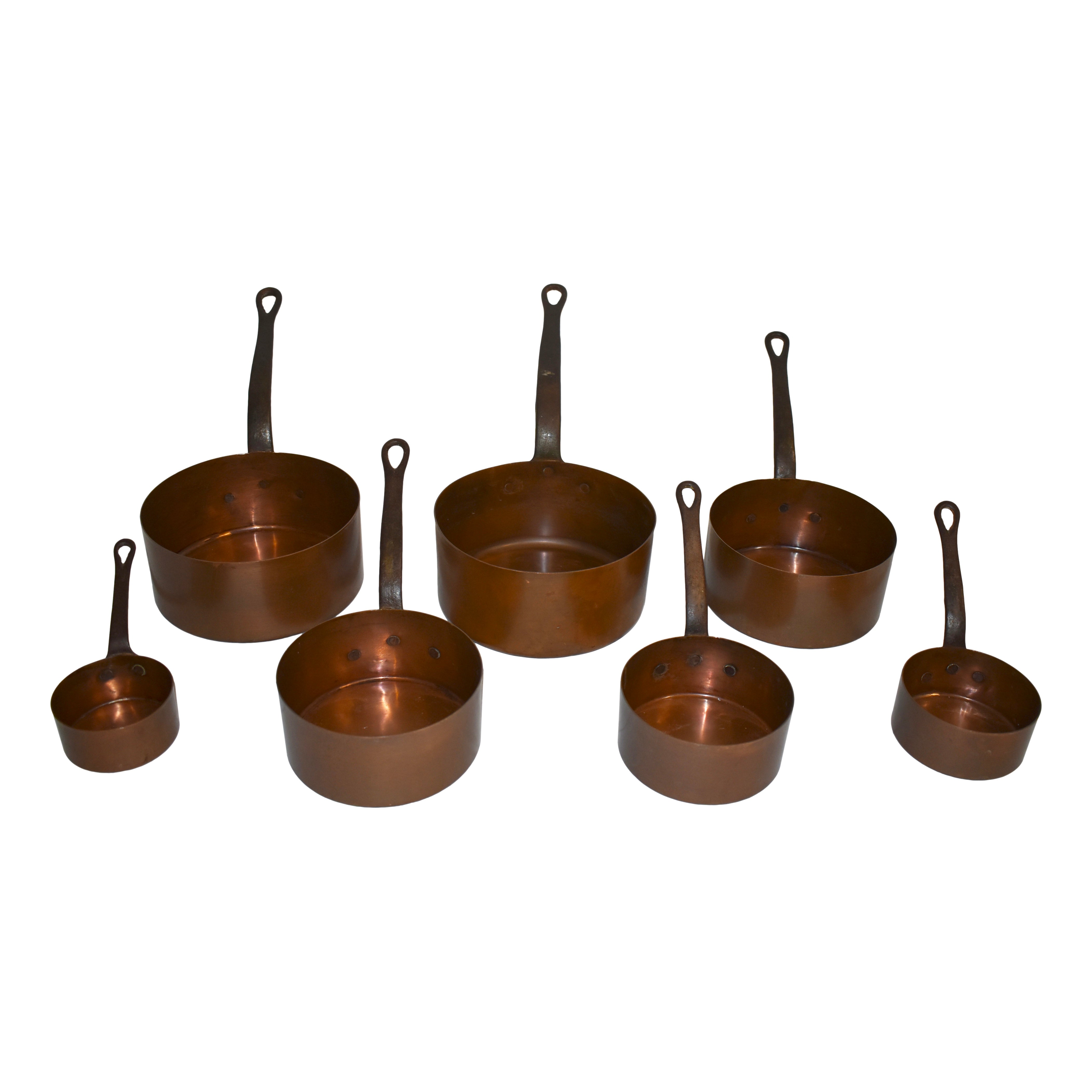 Copper Saucepans with Iron Handles, Set of Seven