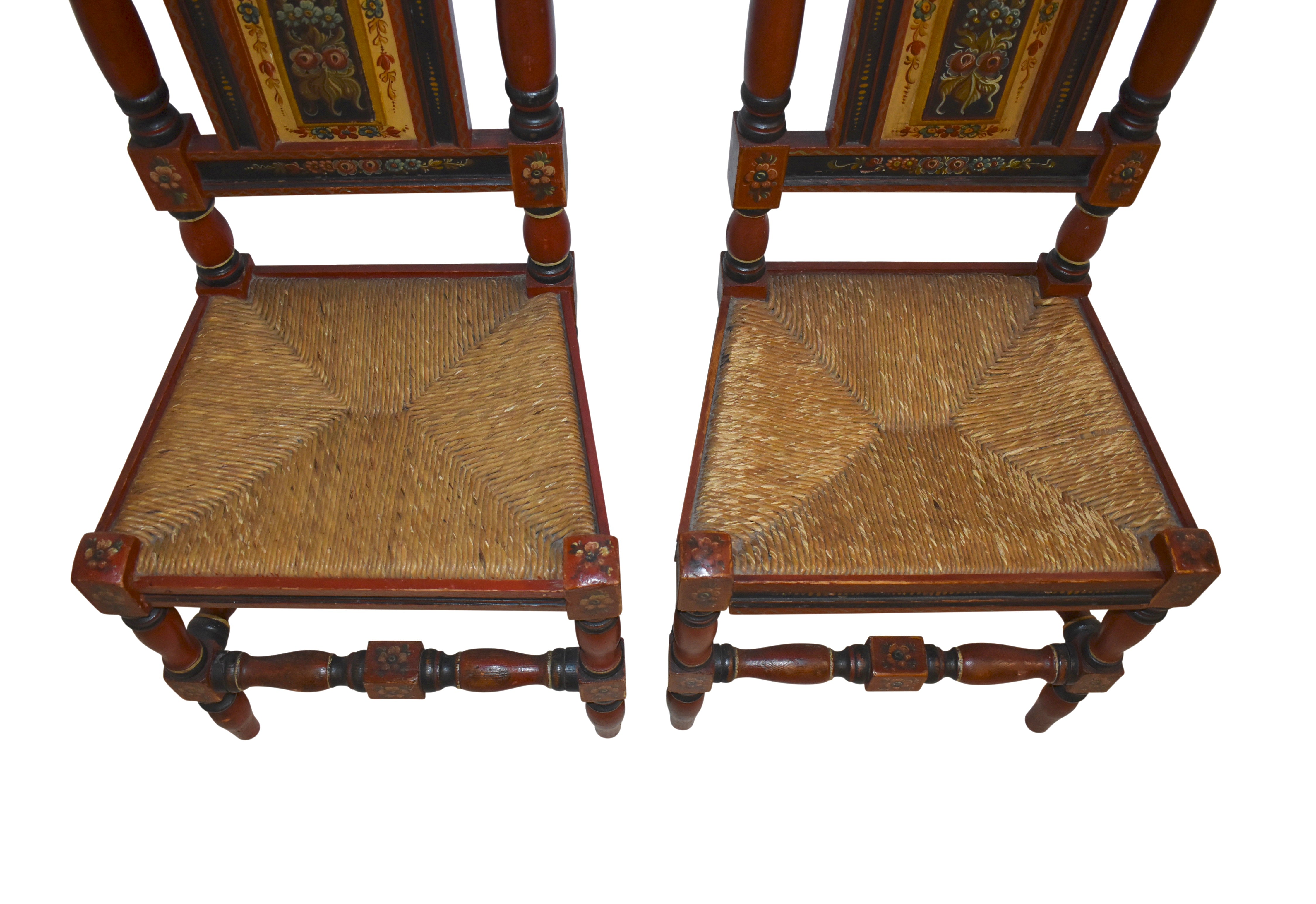 Hand Painted Chairs with Rush Seats, Set of Two
