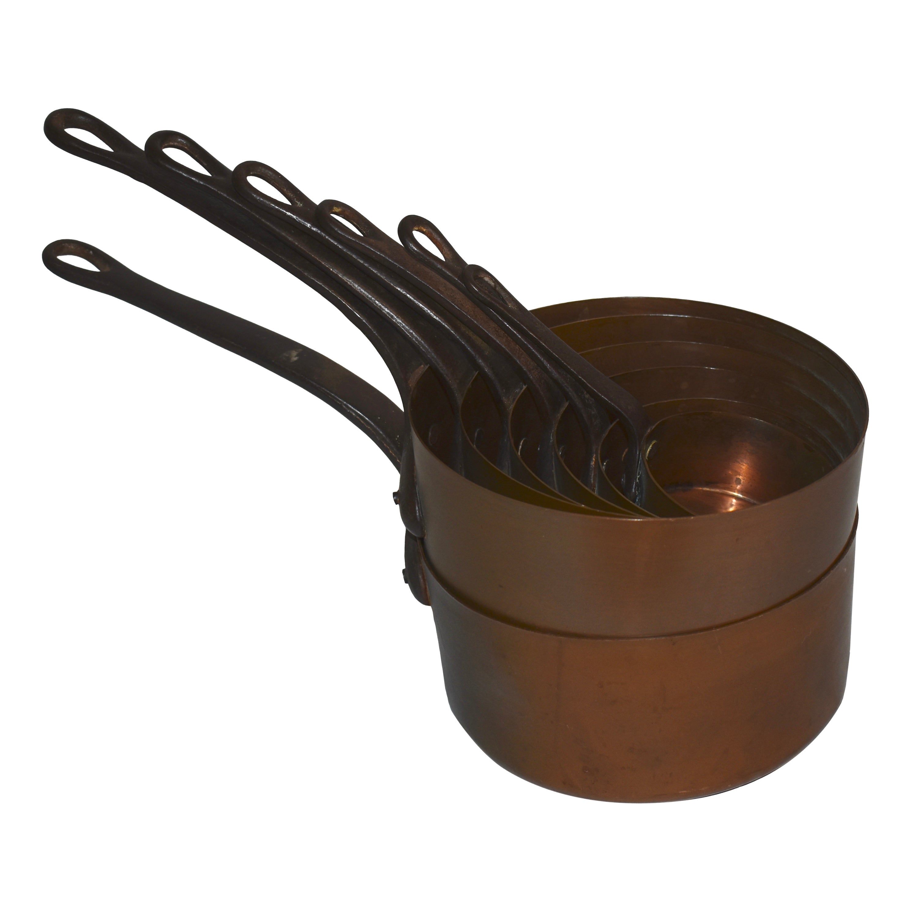 Copper Saucepans with Iron Handles, Set of Seven