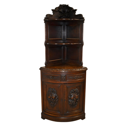 Carved Oak Bow Front Corner Cabinet with Shelving