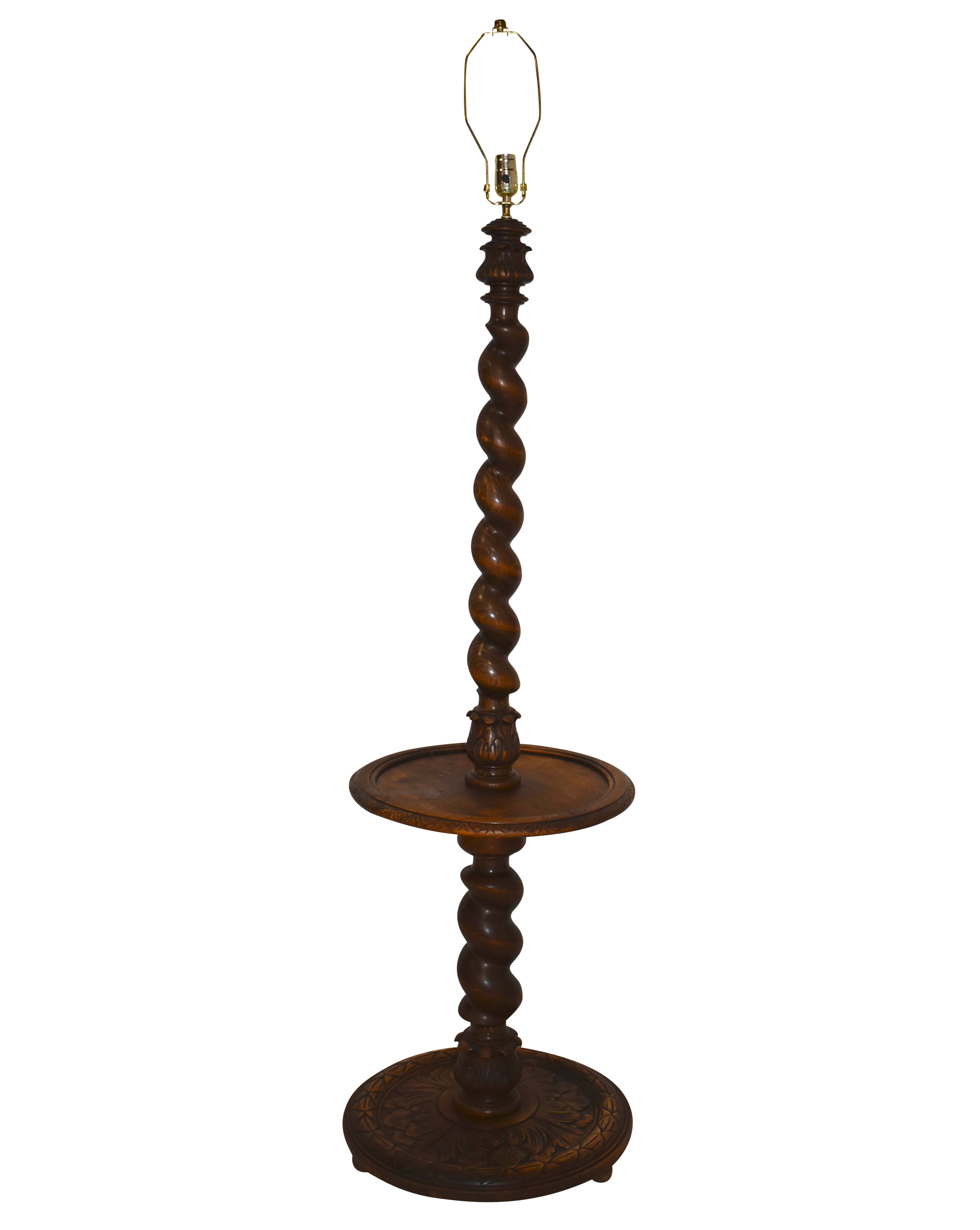 Carved Oak Floor Lamp with Barley Twist Pedestal