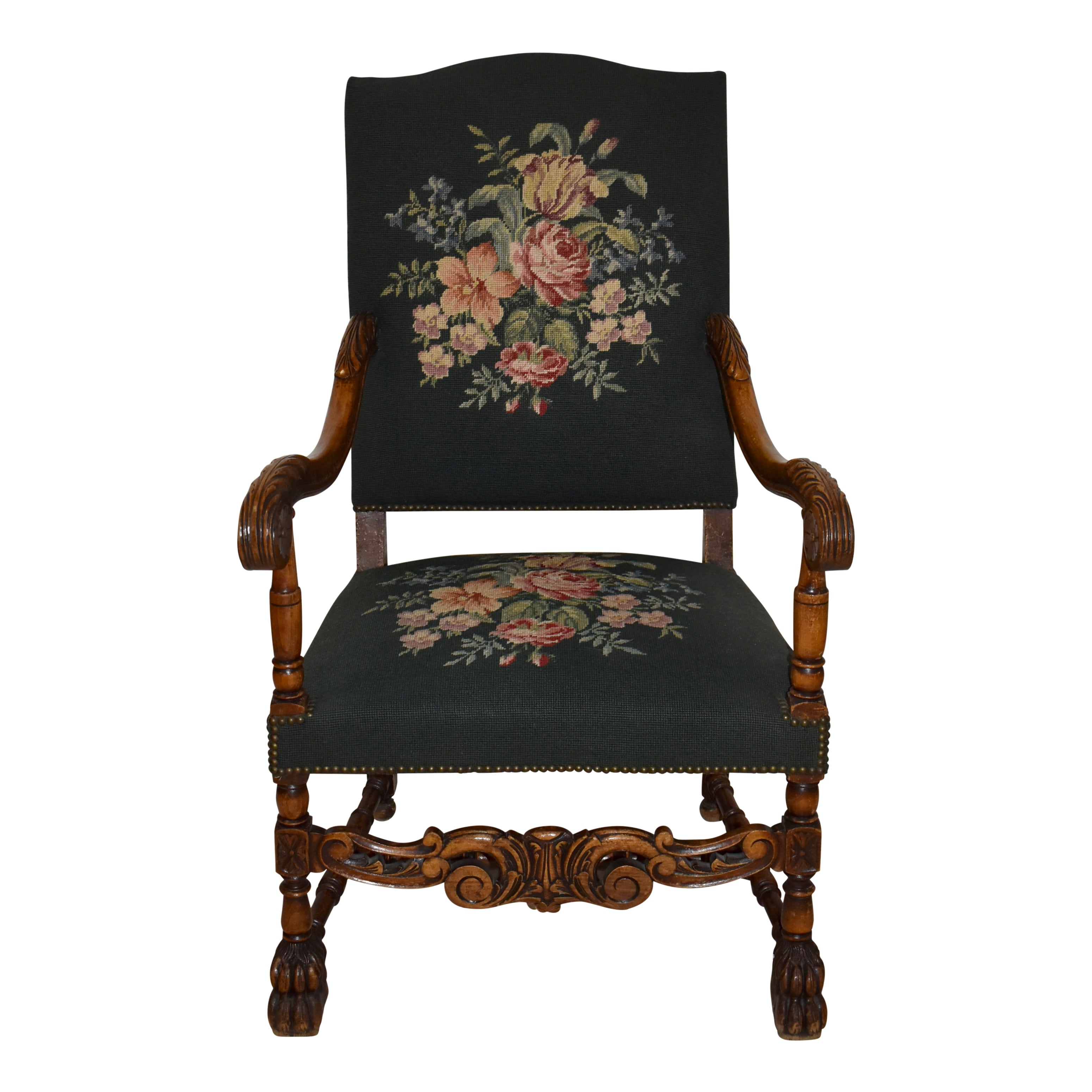 Louis XV French Walnut Embroidered Armchair - Ski Country Antiques & Home
