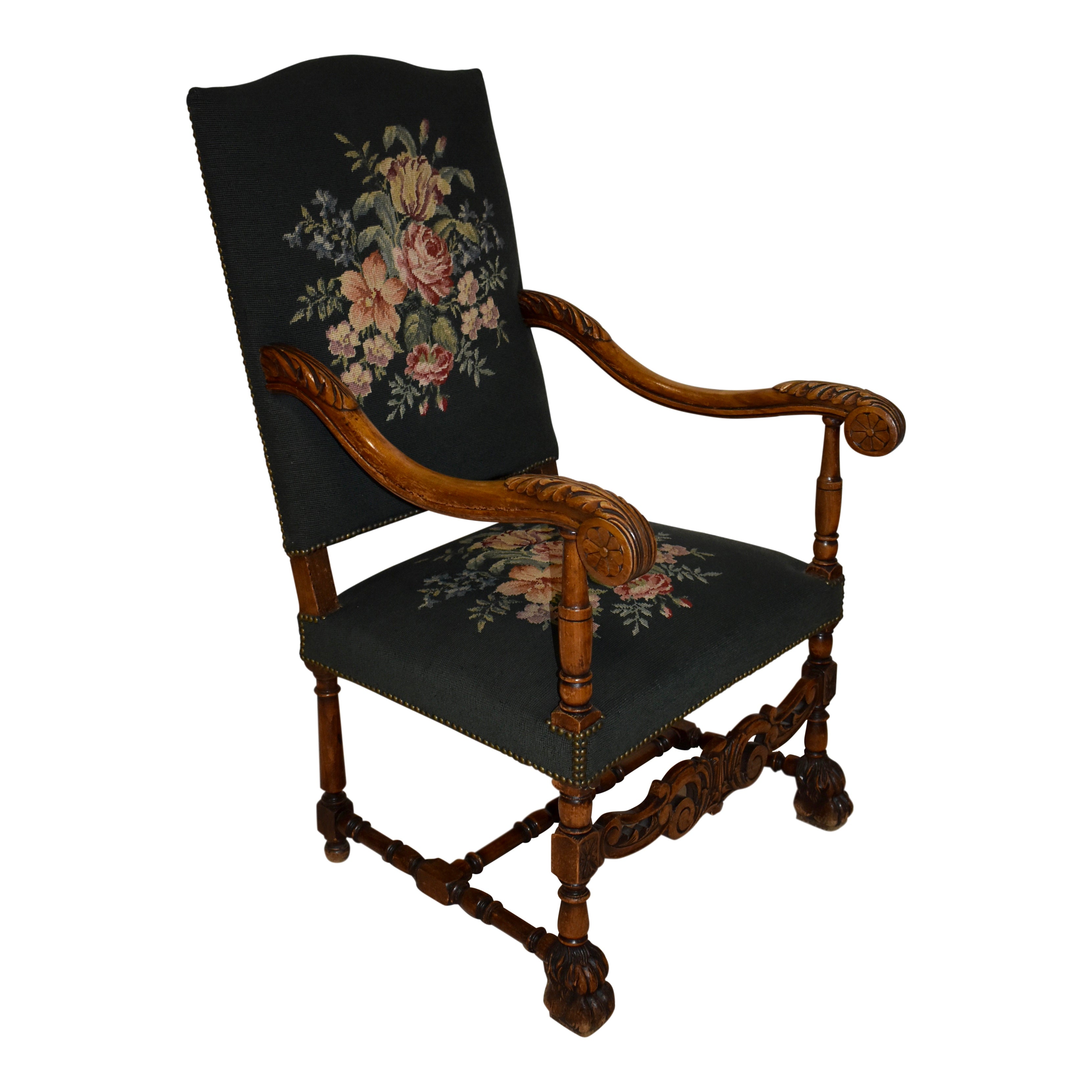 Louis XV French Walnut Embroidered Armchair