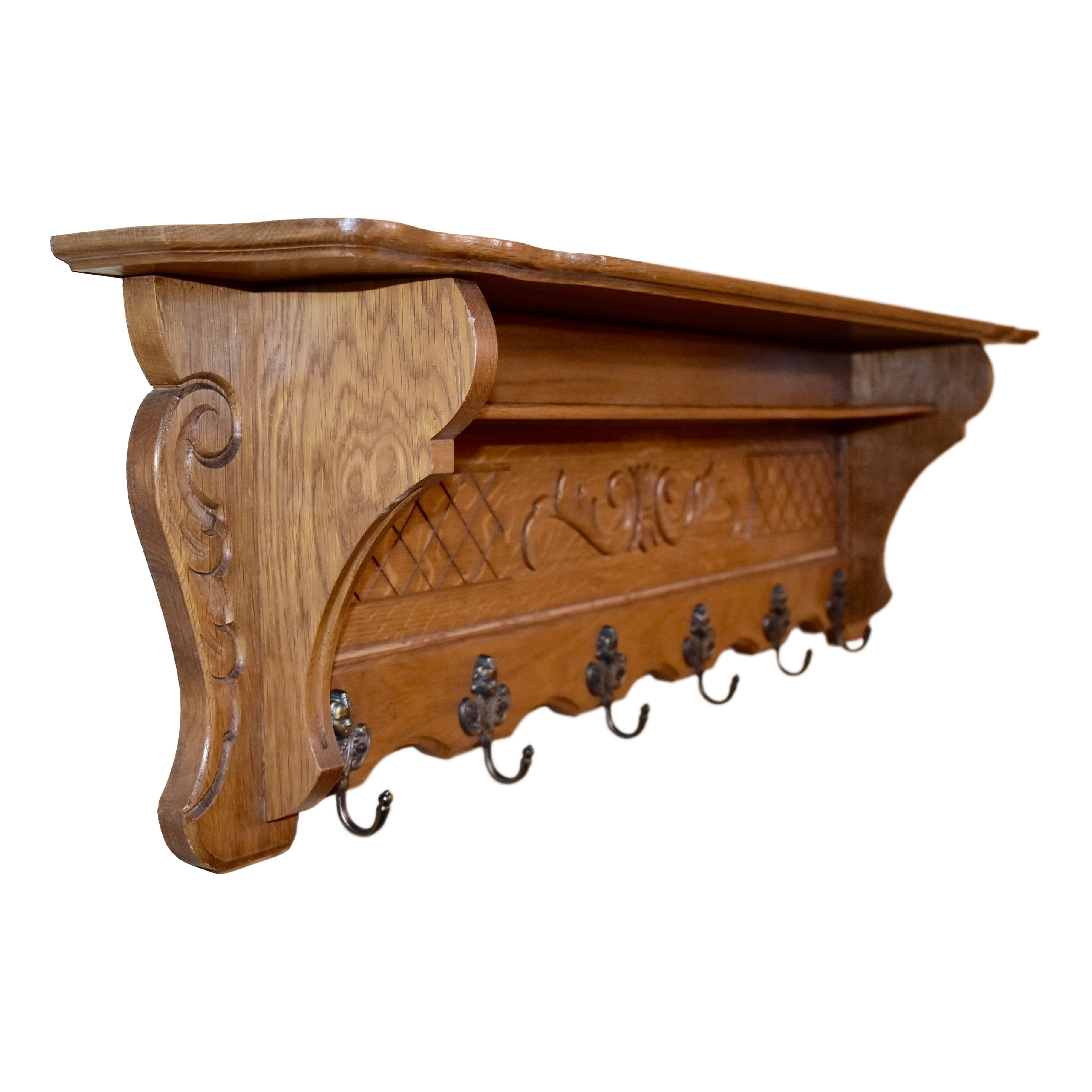Carved Oak Wall Mounted Coat Rack with Shelves