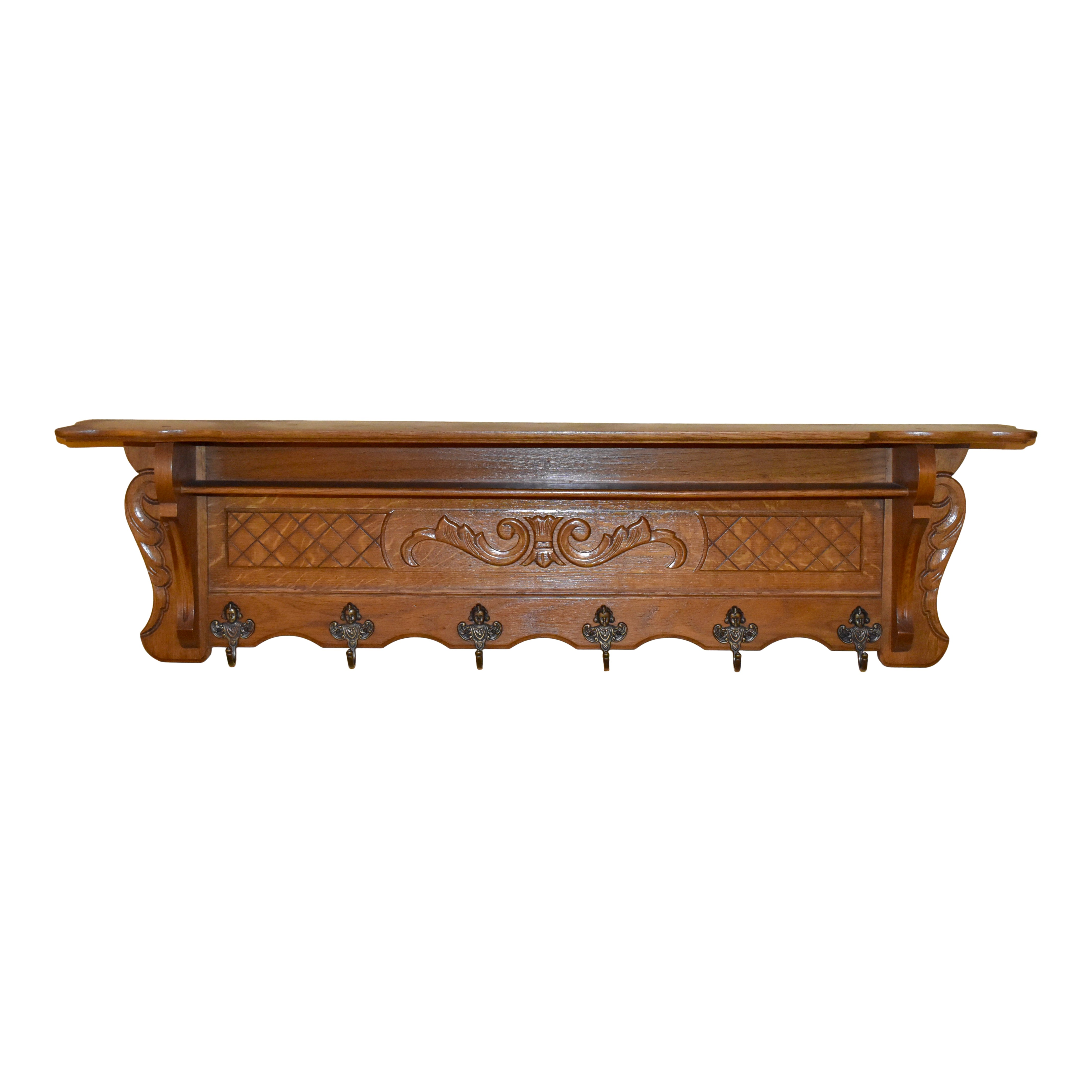 Carved Oak Wall Mounted Coat Rack with Shelves