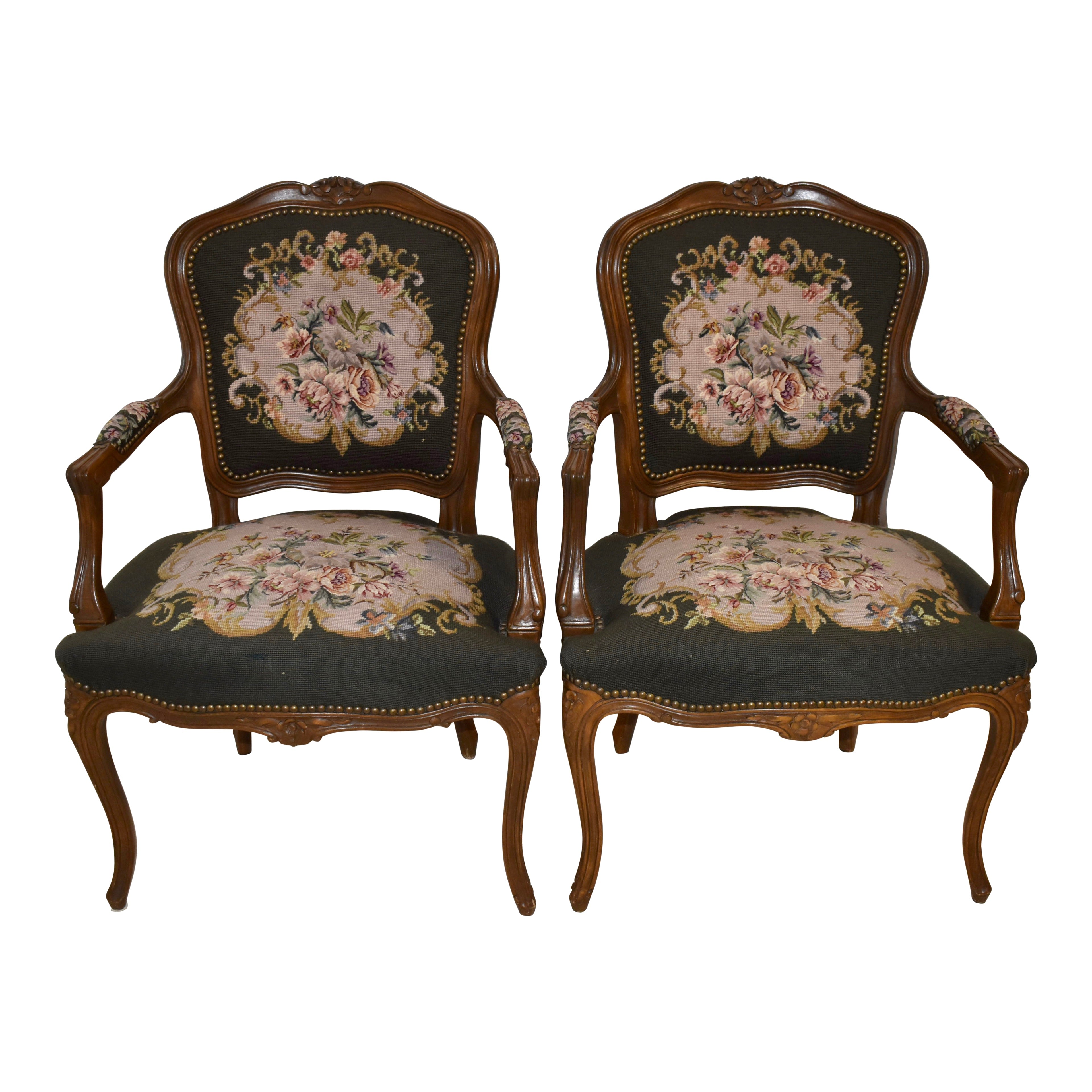 Louis XV French Walnut Fauteuil Embroidered Armchairs, Set of Two - Ski  Country Antiques & Home