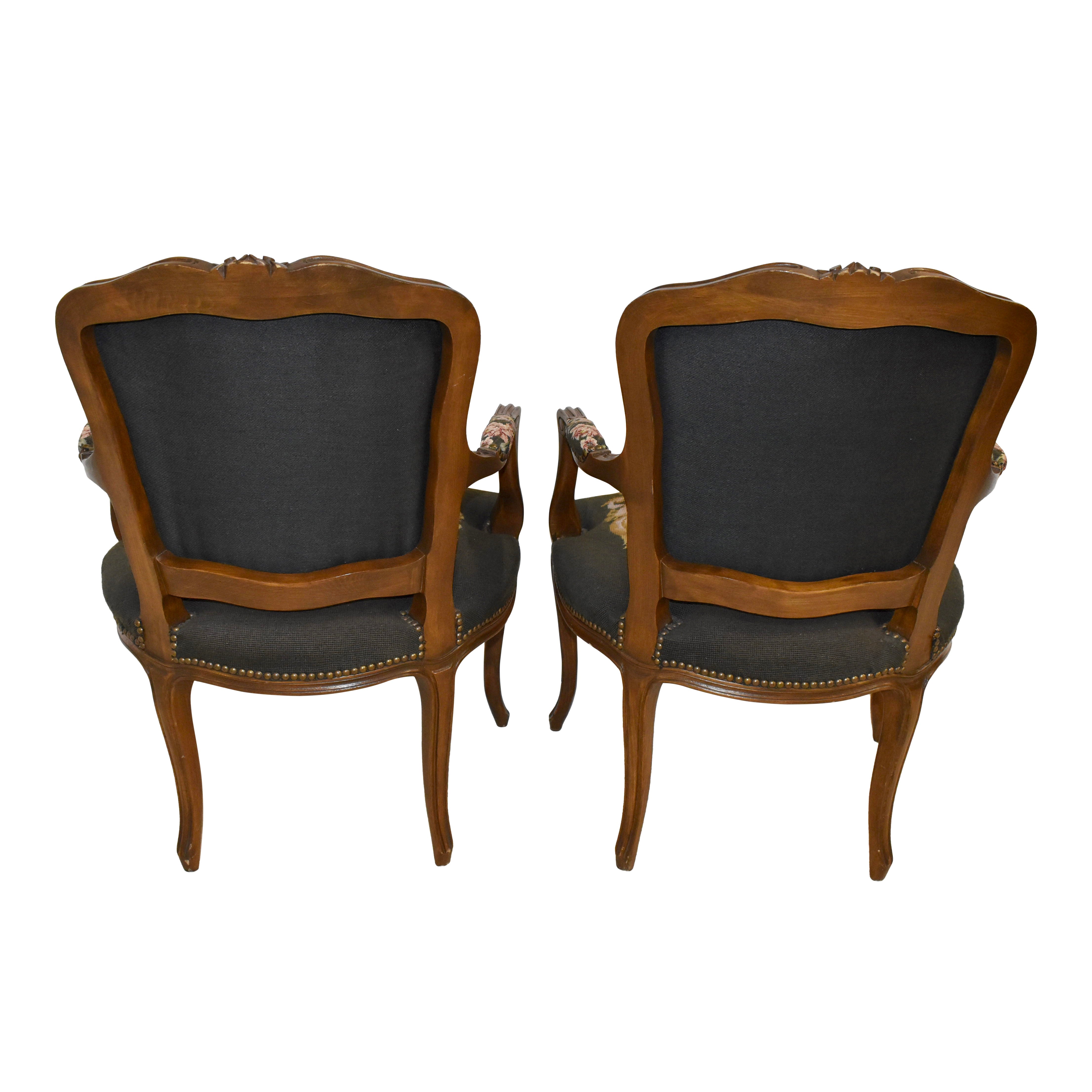 Louis XV French Walnut Fauteuil Embroidered Armchairs, Set of Two
