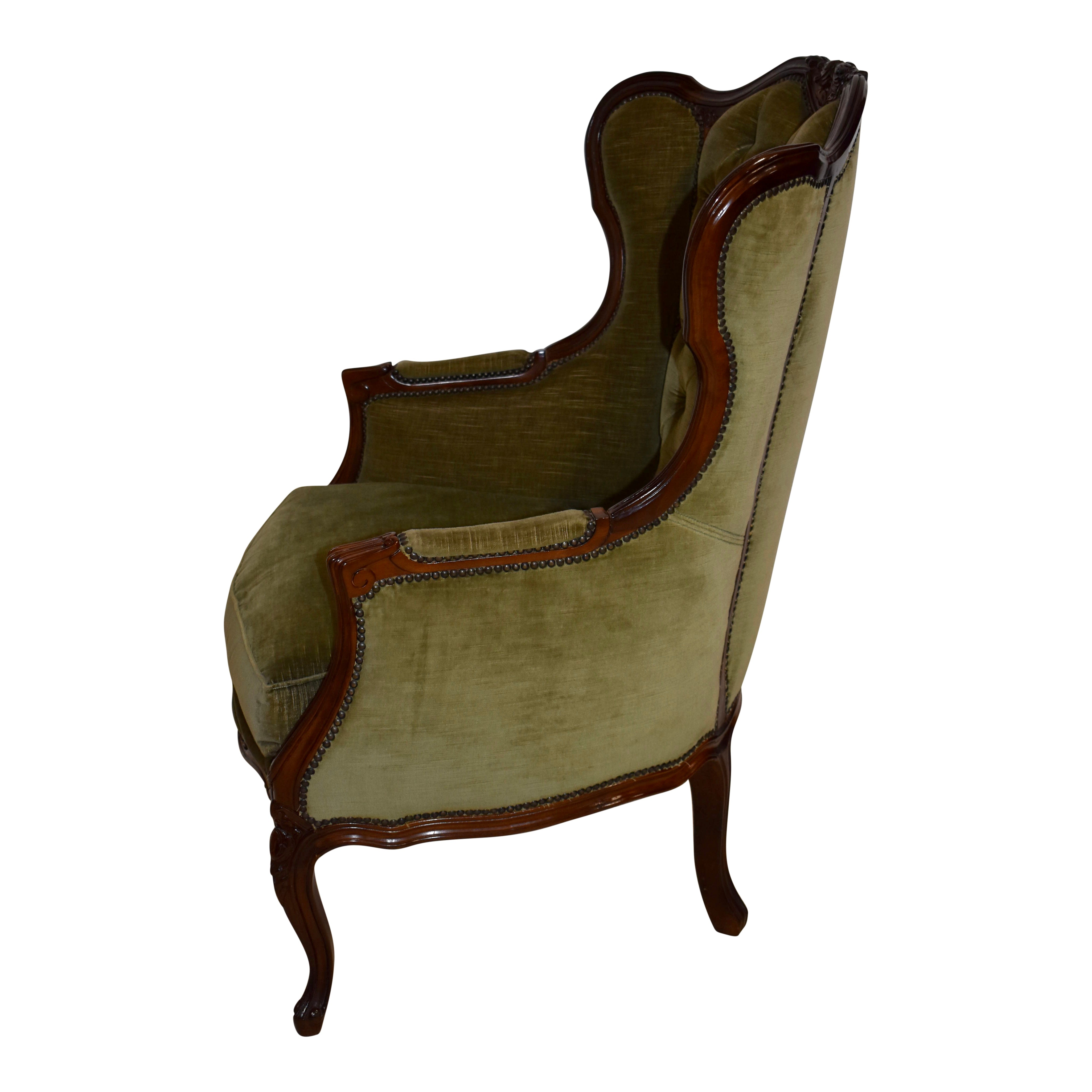 Walnut Upholstered Wingback Armchair