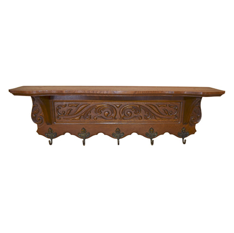 Carved Oak Wall Mounted Coat Rack with Shelf