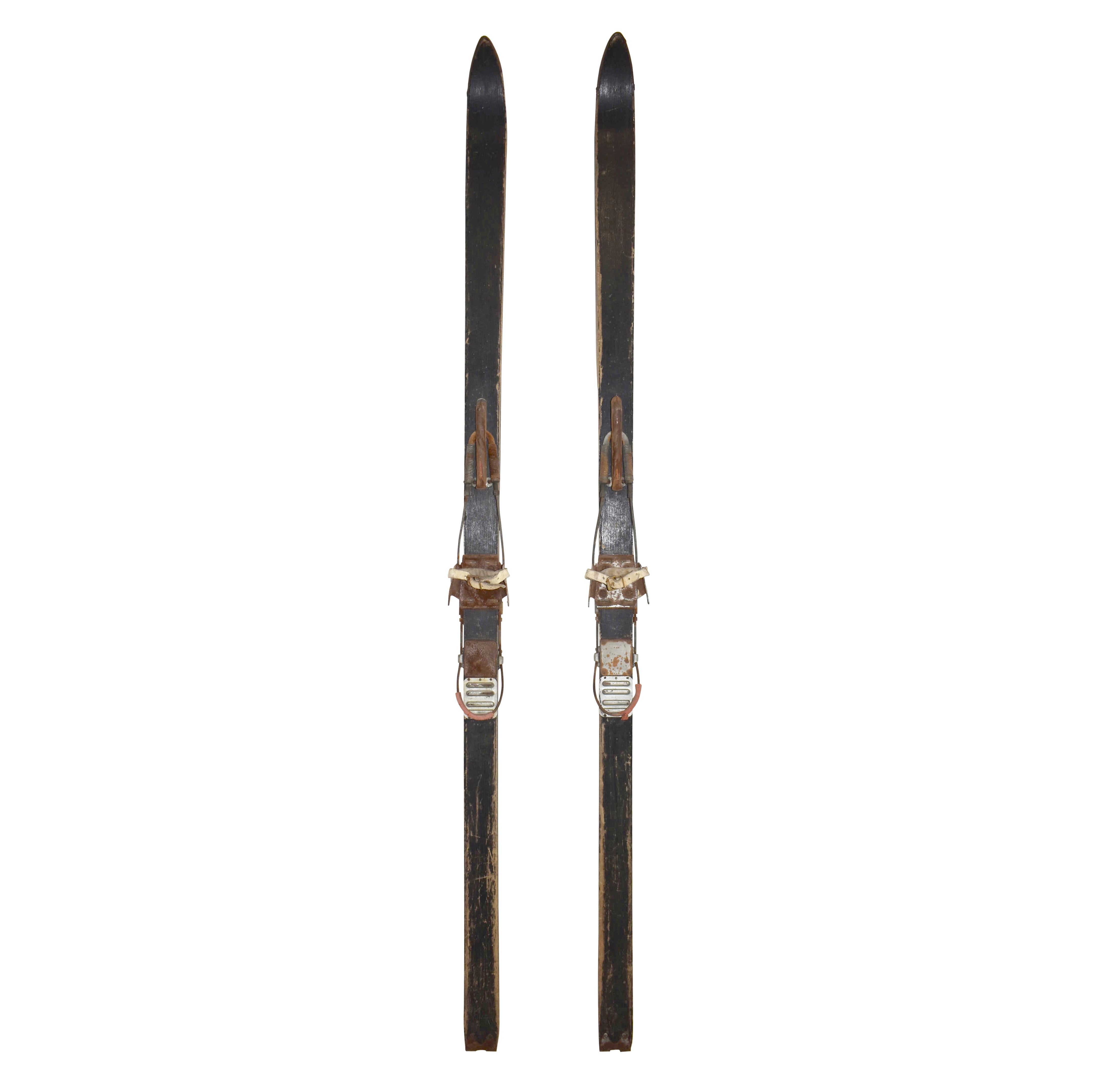 Black Wooden Skis with Cable Bindings