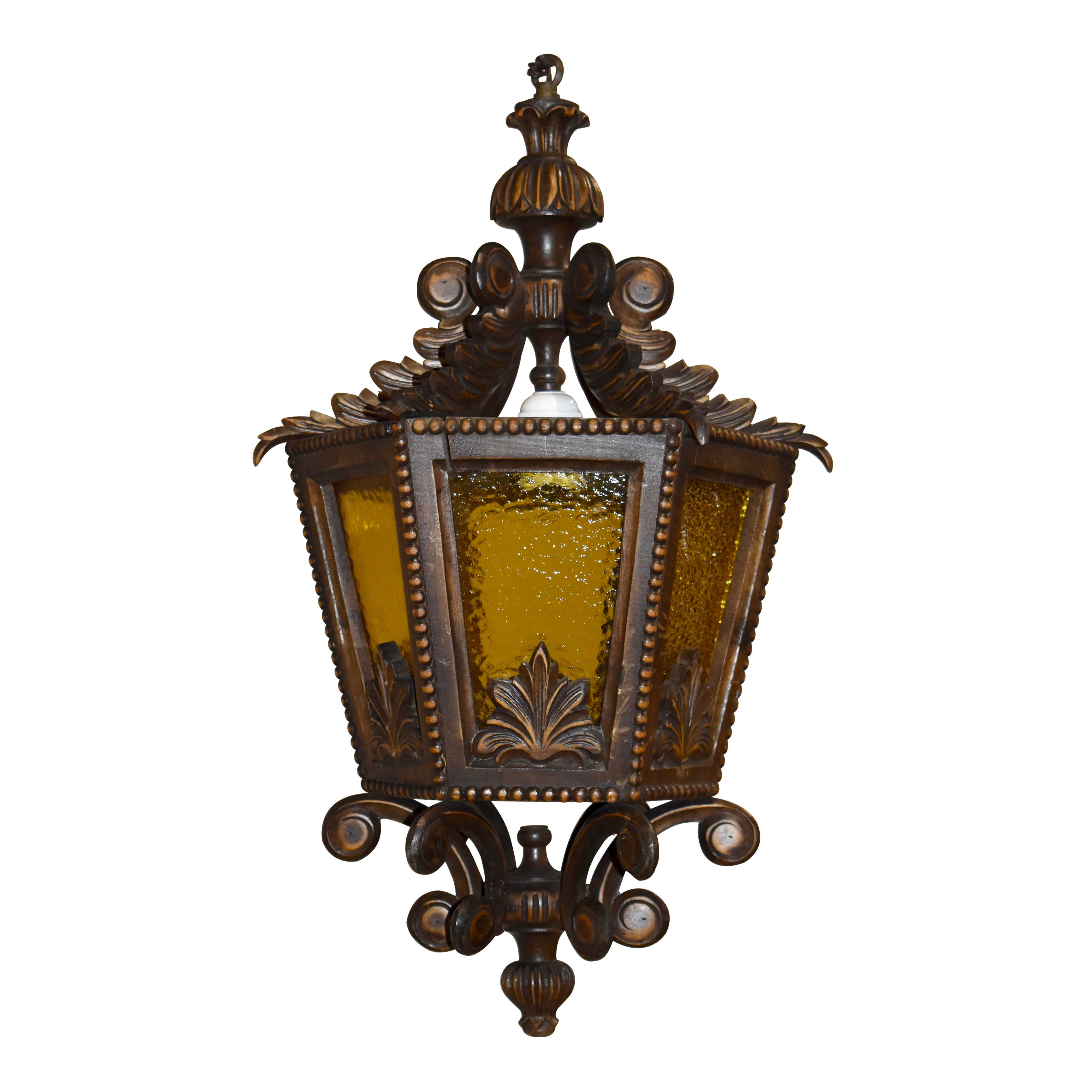 Carved Hanging Pendant Lantern Light Fixture with Stained Glass