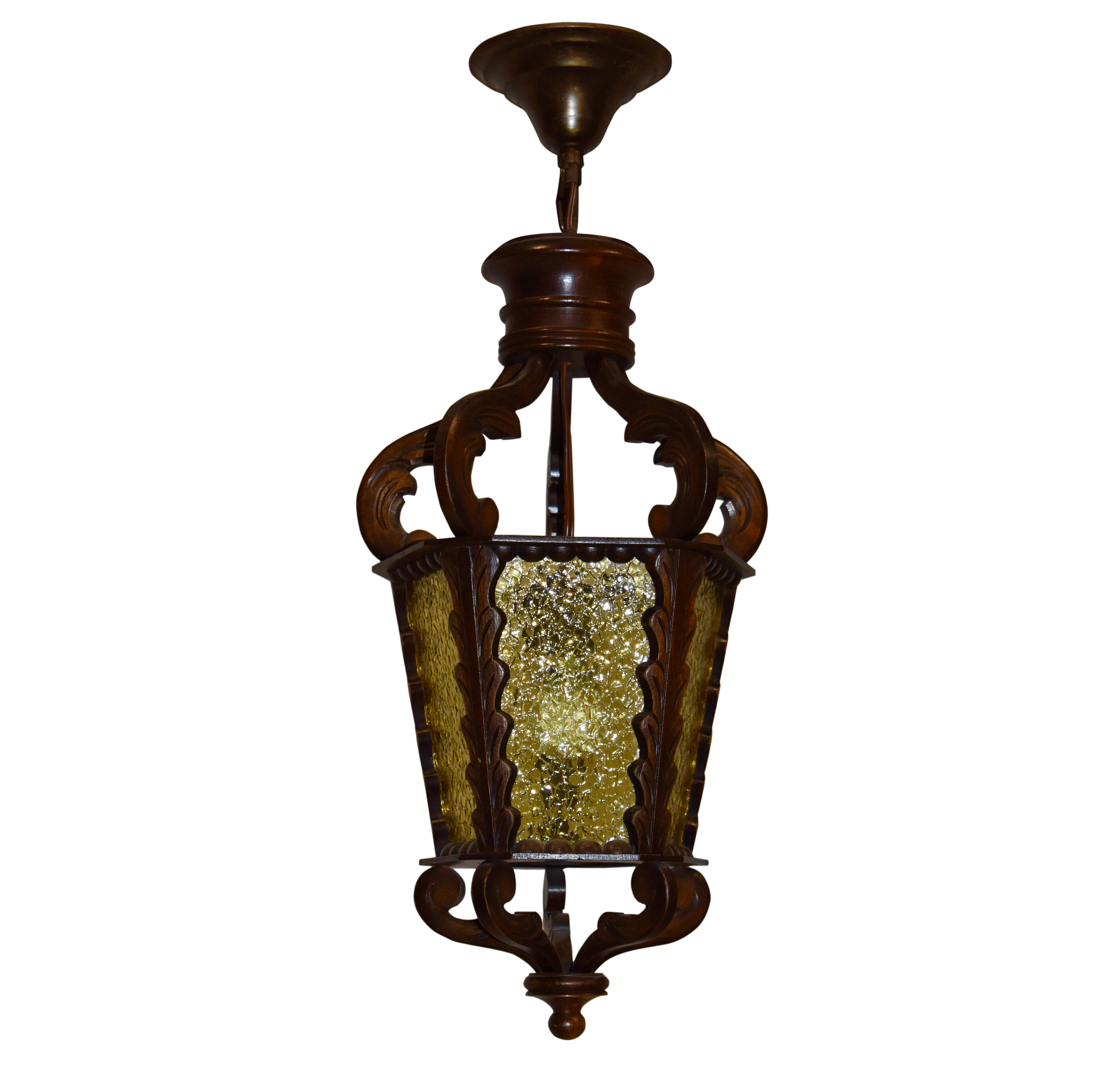 Carved Hanging Pendant Lantern Light Fixture with Stained Glass