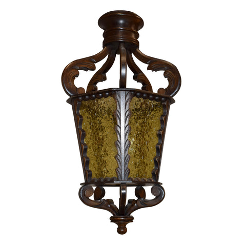 Carved Hanging Pendant Lantern Light Fixture with Stained Glass