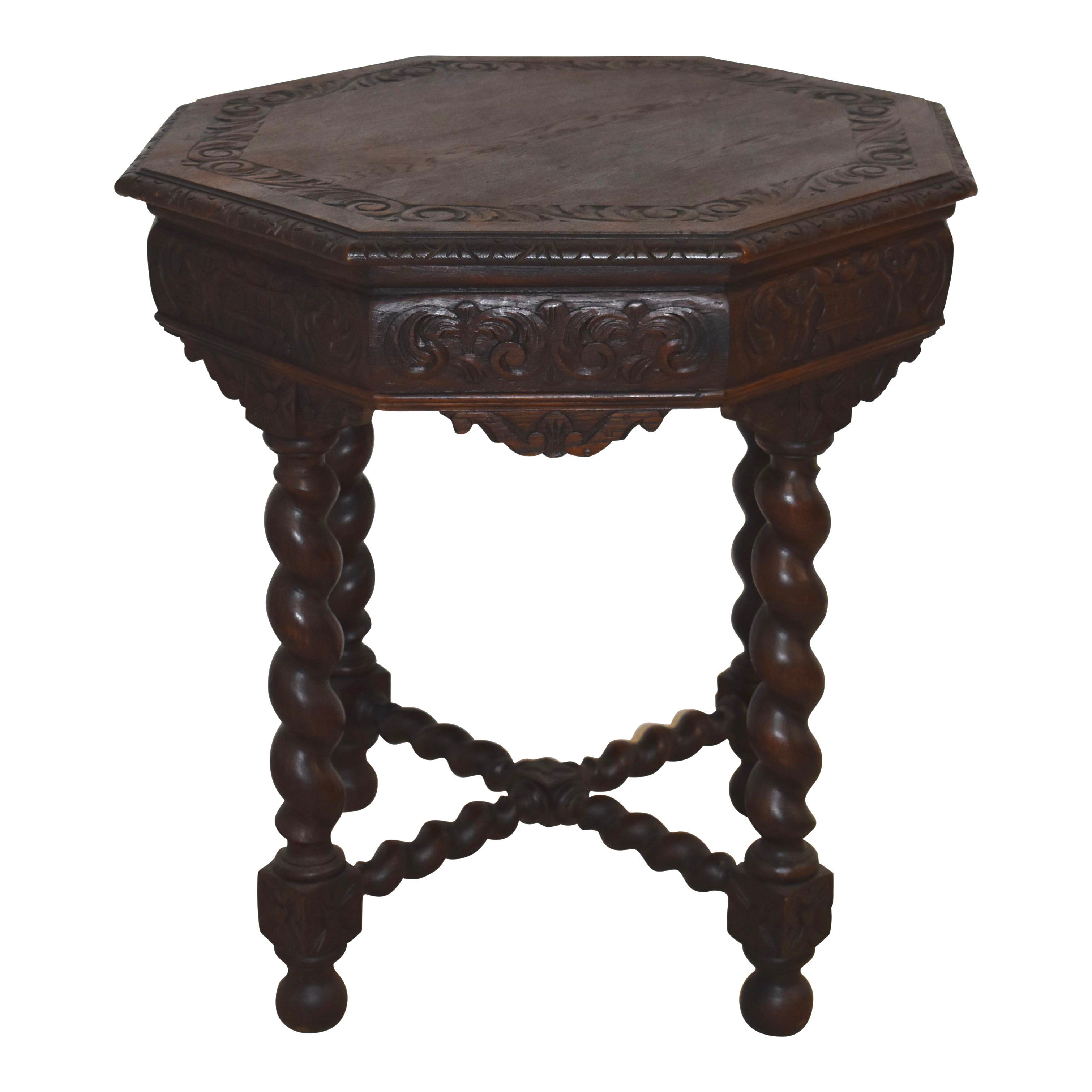 Carved Oak Octagon Table with Barley Twist Legs