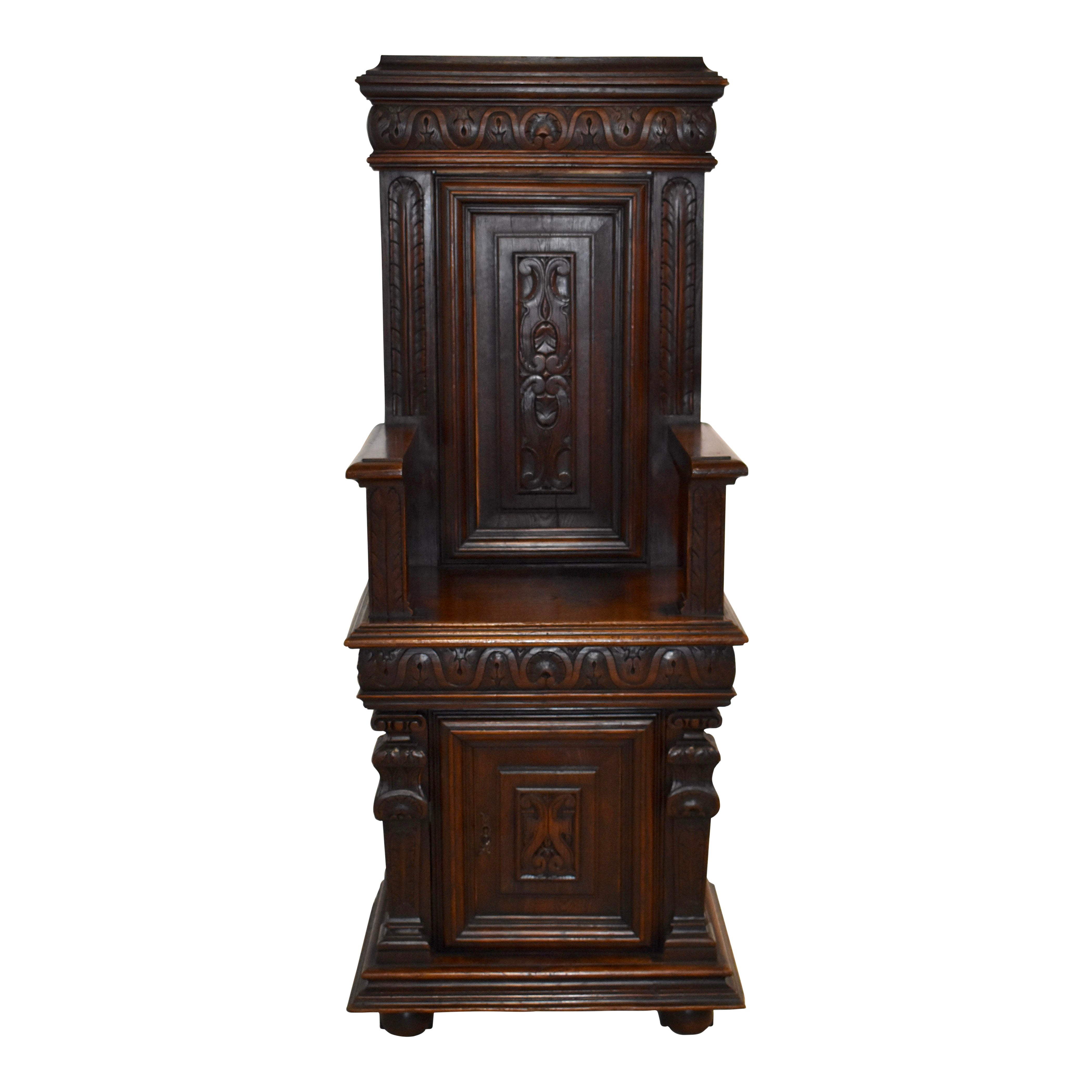 Carved Oak High Back Hall Armchair with Storage