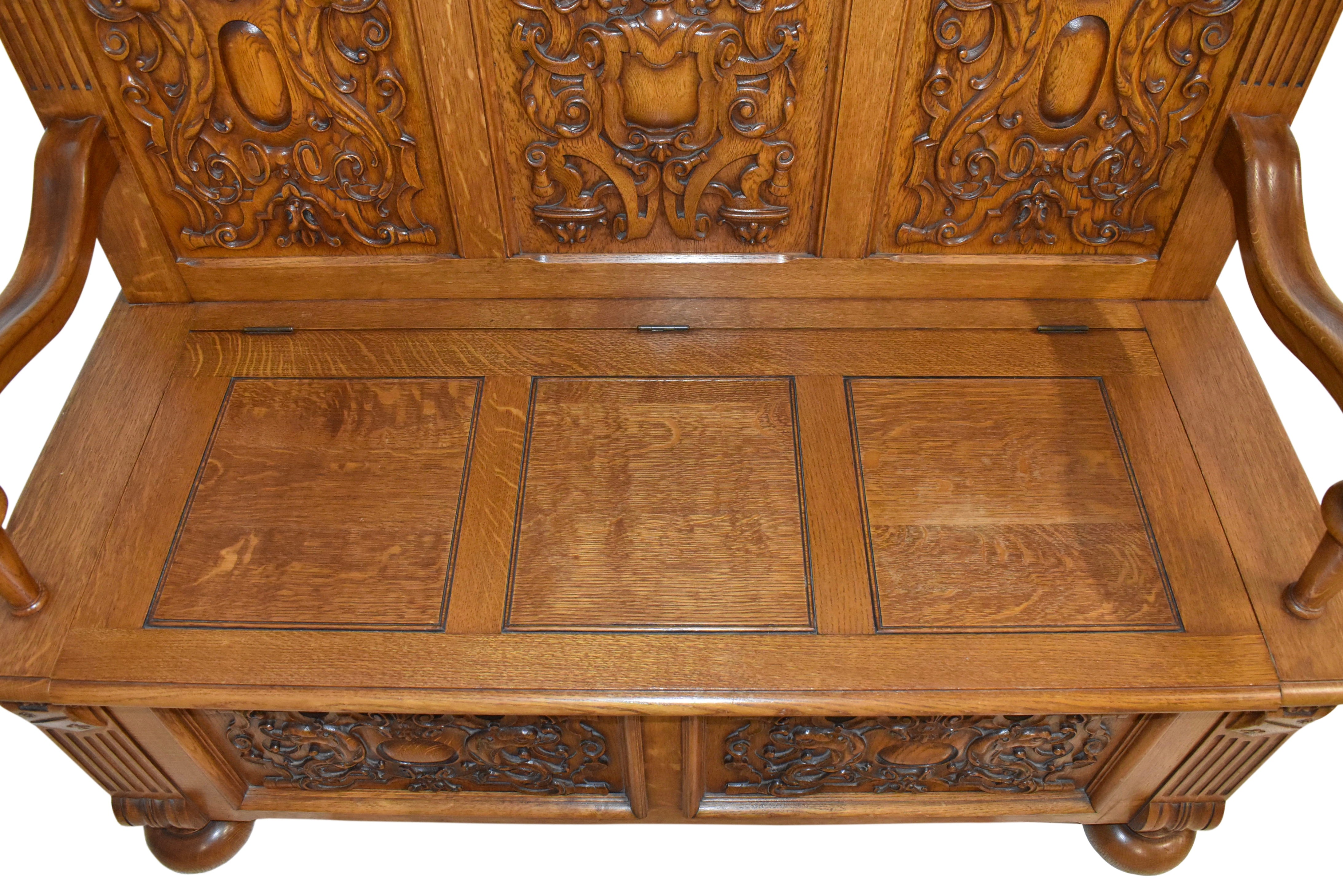 Carved Oak Bench with Storage
