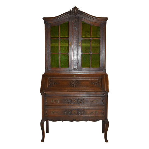 Louis XV Oak Secretary with Green Glass Doors