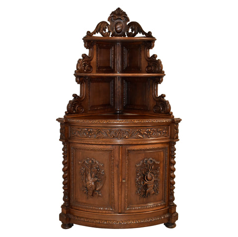 Carved Oak Bow Front Hunt Corner Cabinet