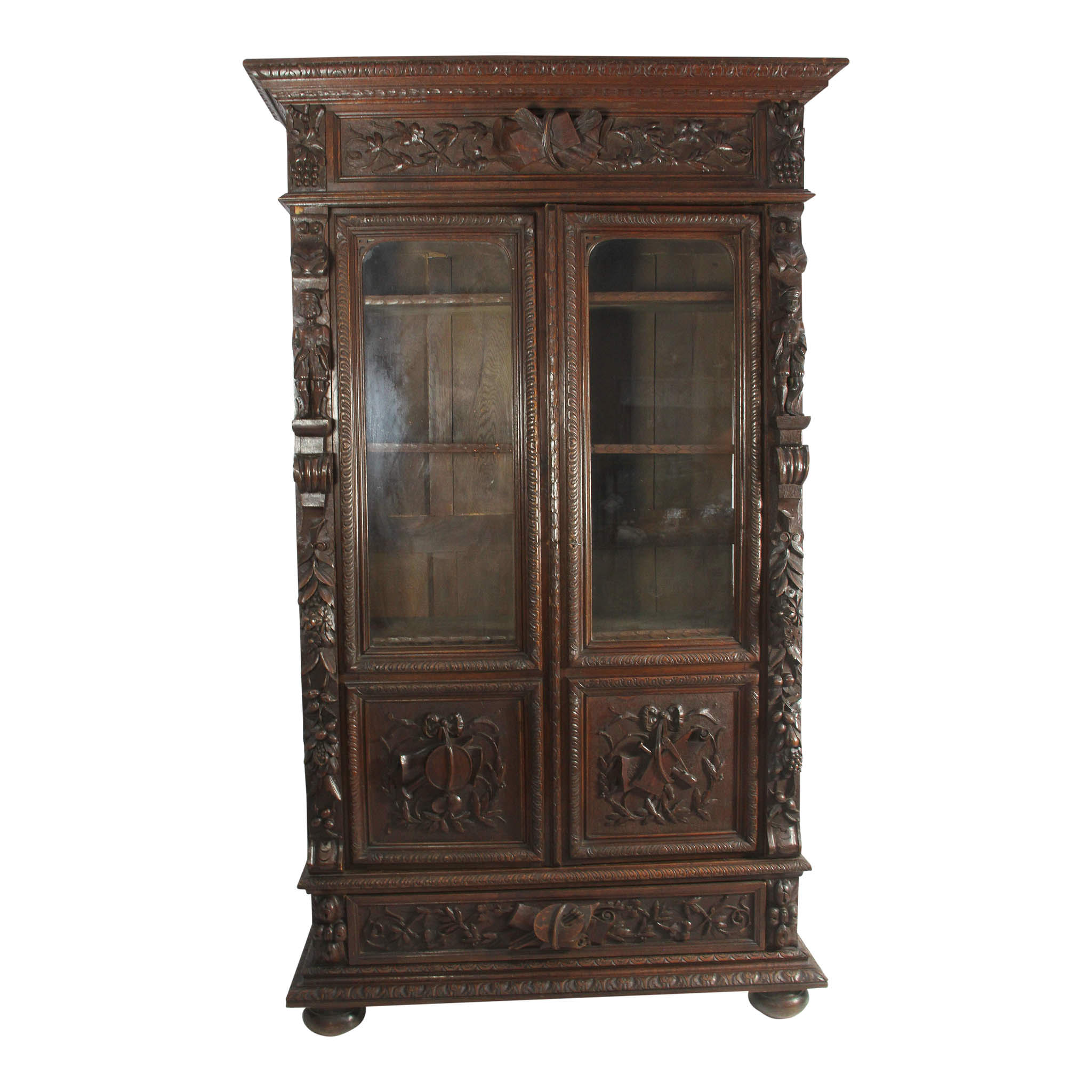 French Carved Oak Hunt Bookcase with Glass Doors