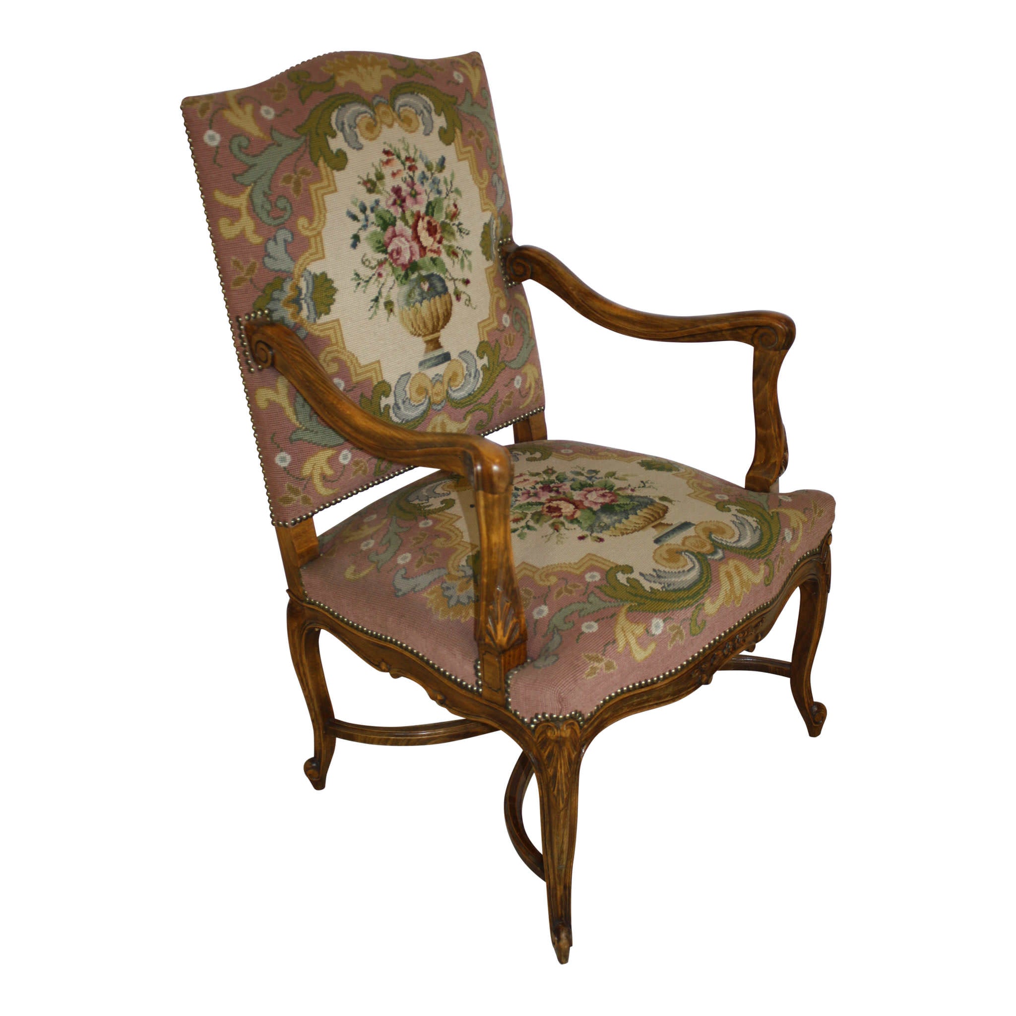 Louis XV French Walnut Fauteuil Needlepoint Armchair