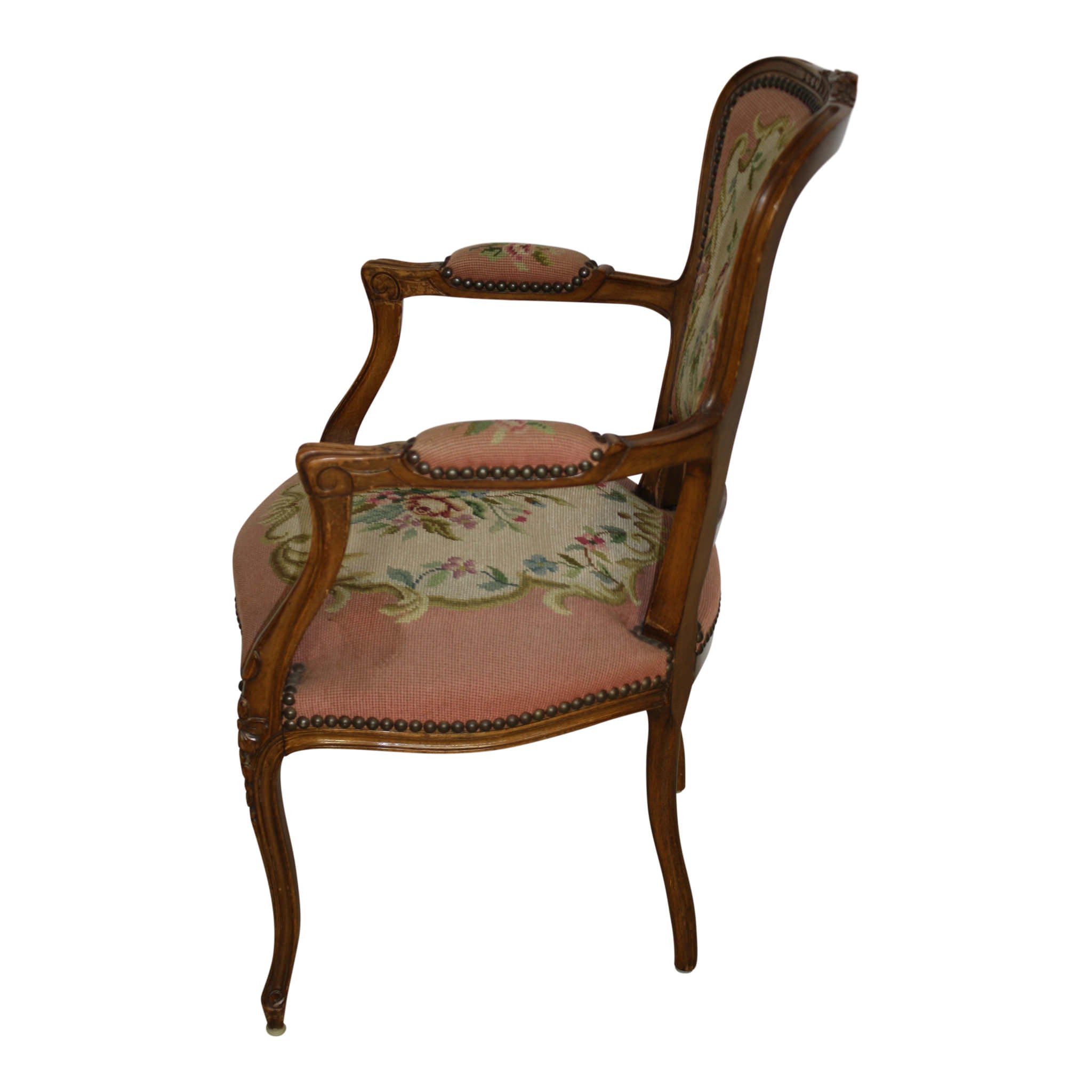 French Louis XV Walnut Fauteuil Needlepoint Armchair
