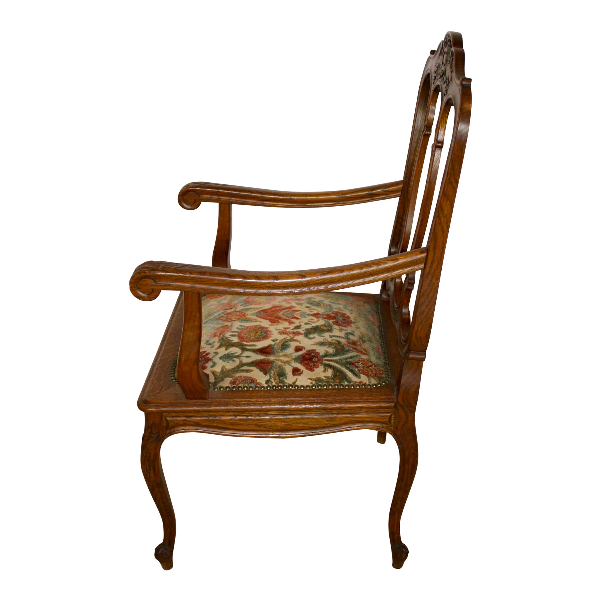 French Carved Louis XV Oak Armchair with Upholstered Seat