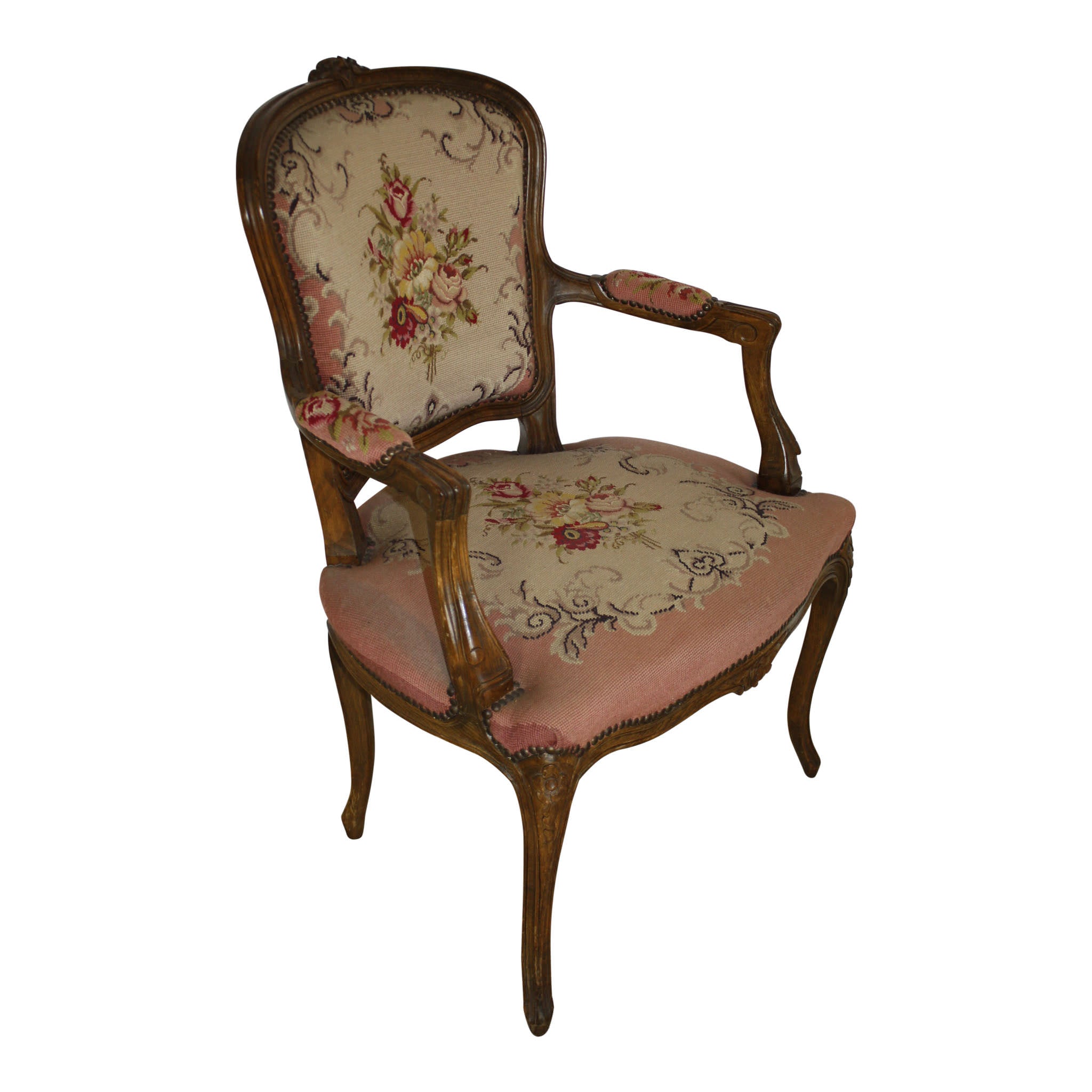 French Walnut Fauteuil Needlepoint Armchair
