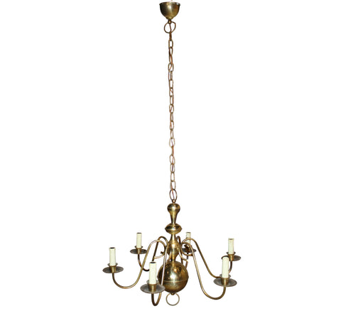 Dutch Six Arm Brass Chandelier
