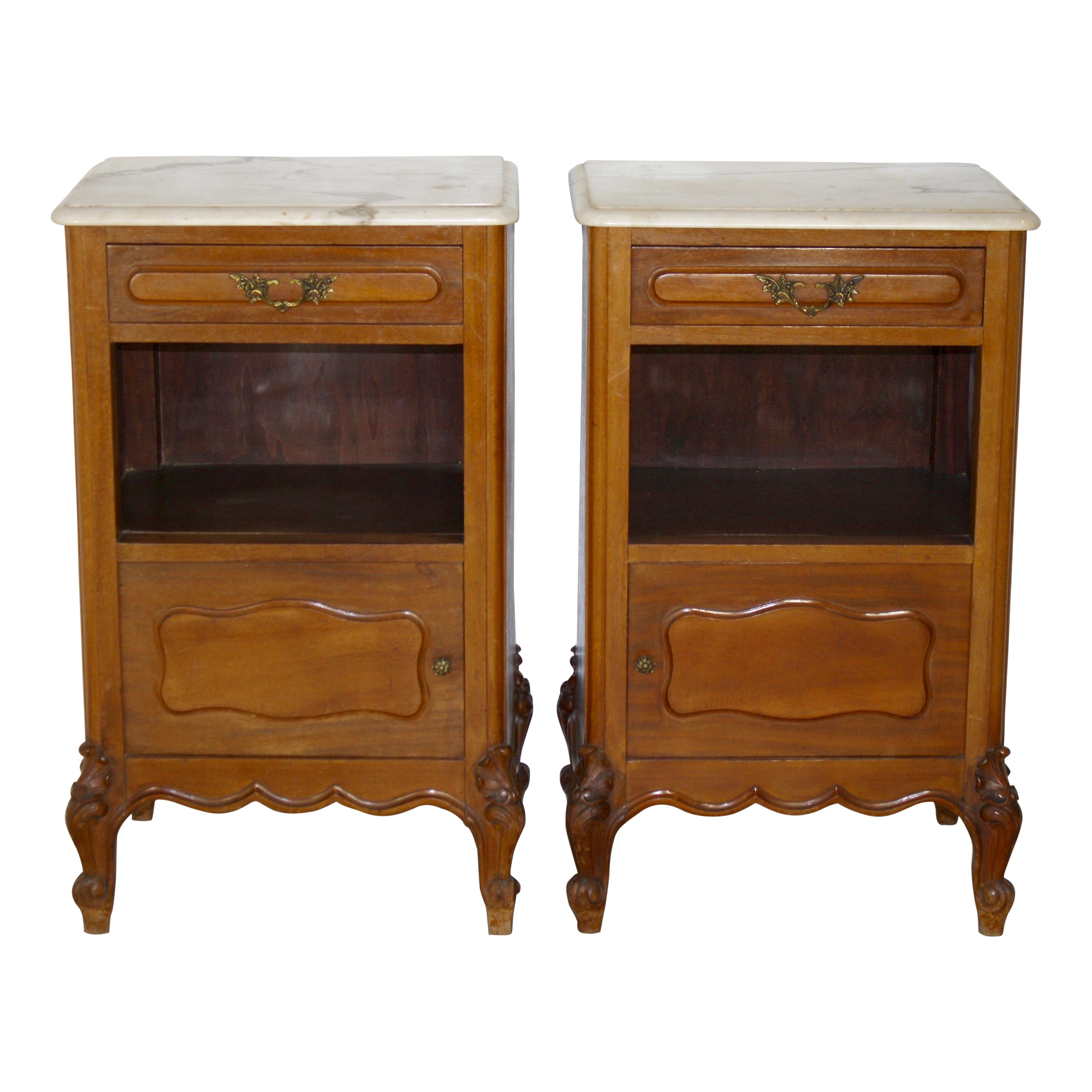 Louis XV Walnut Nightstands with Marble Tops, Set of Two
