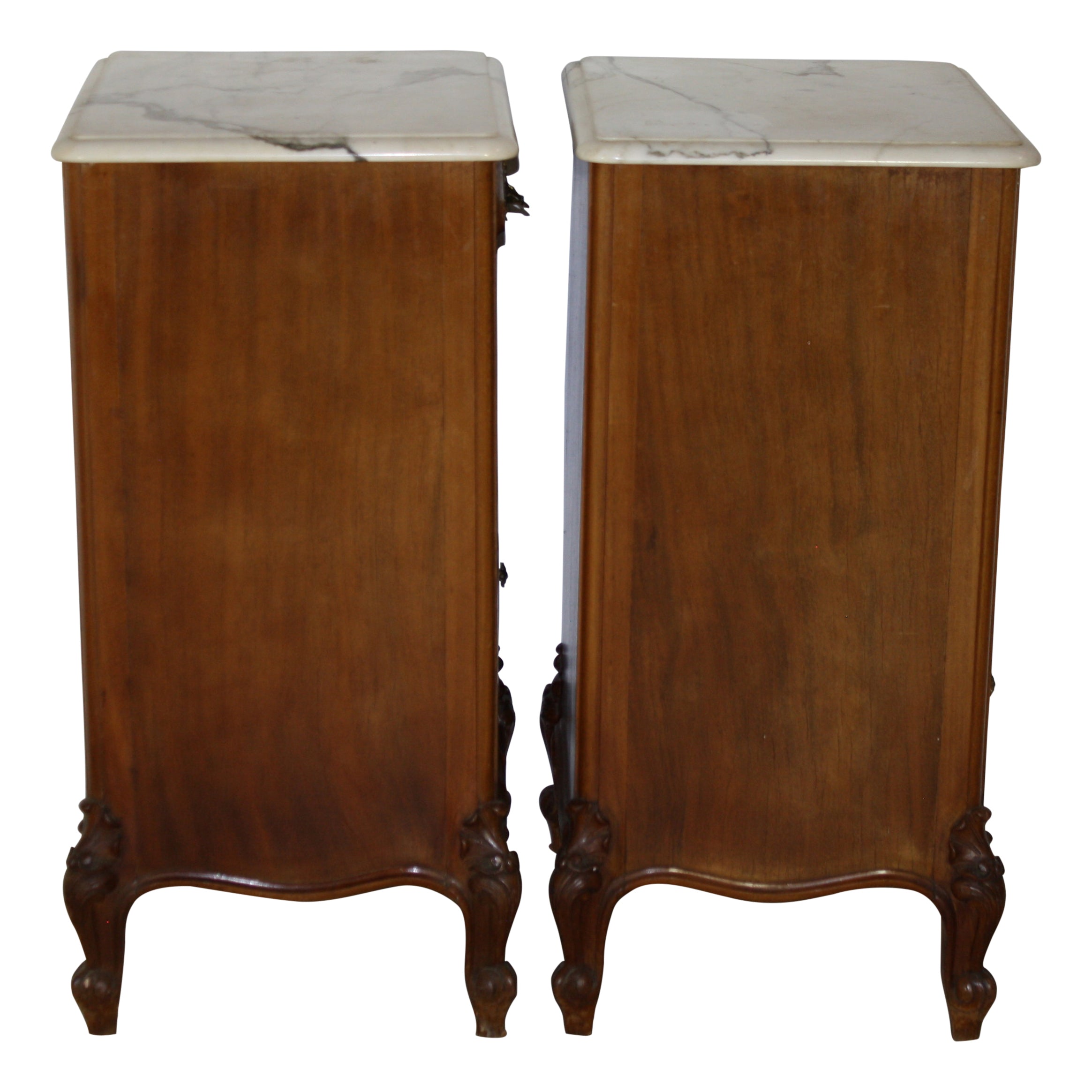 Louis XV Walnut Nightstands with Marble Tops, Set of Two
