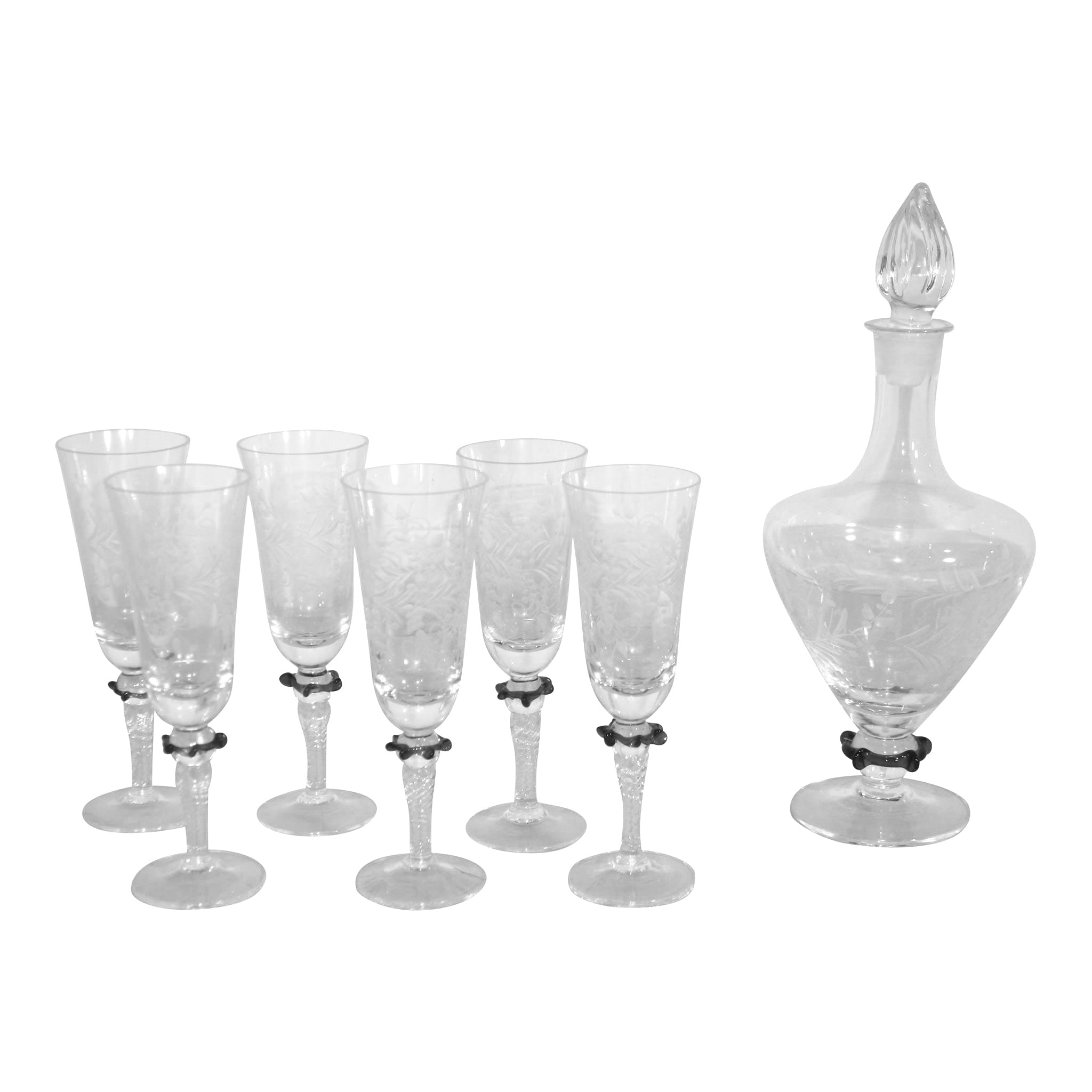 Etched Decanter and Six Champagne Glasses