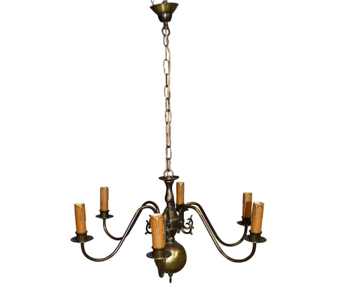 Dutch Brass Six Arm Chandelier