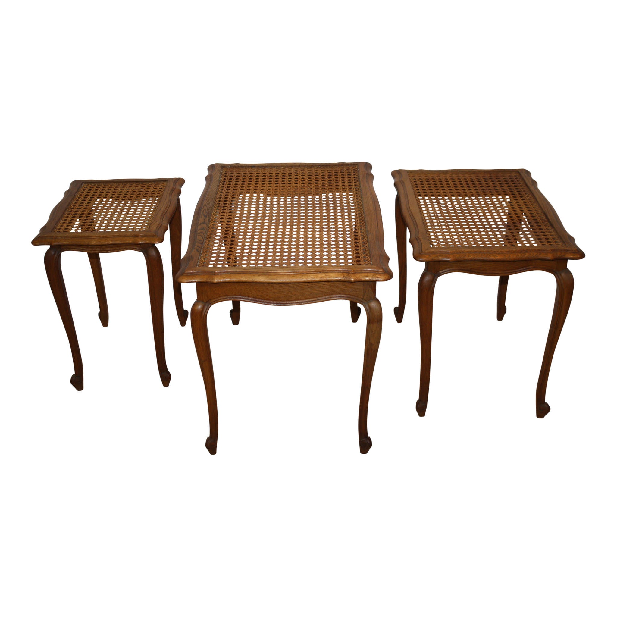 French Oak Nesting Tables with Cane and Glass Tops, Set of Three