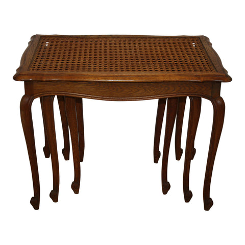 French Oak Nesting Tables with Cane and Glass Tops, Set of Three