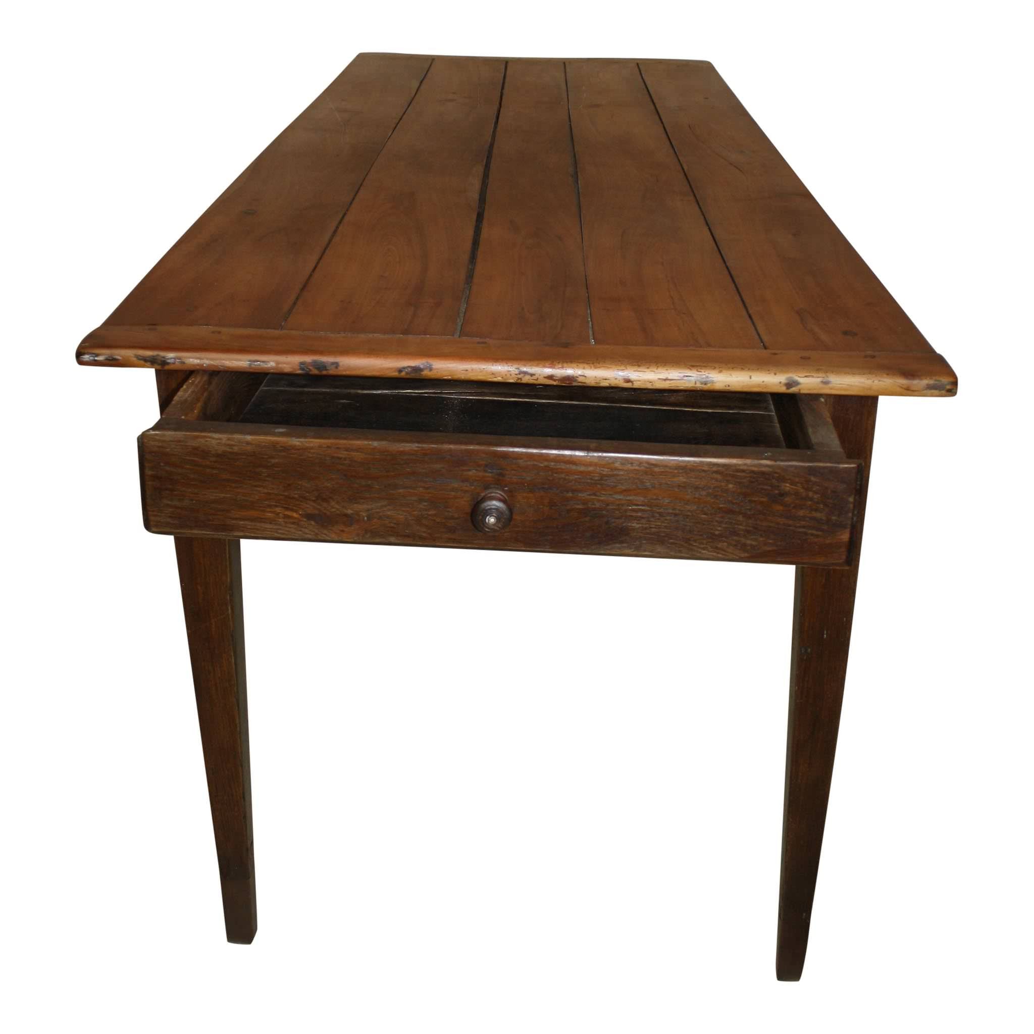 French Cherry and Oak Farm Table with Drawer