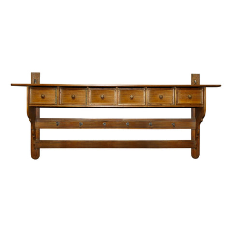 Pine Wall Rack with Drawers and Hooks