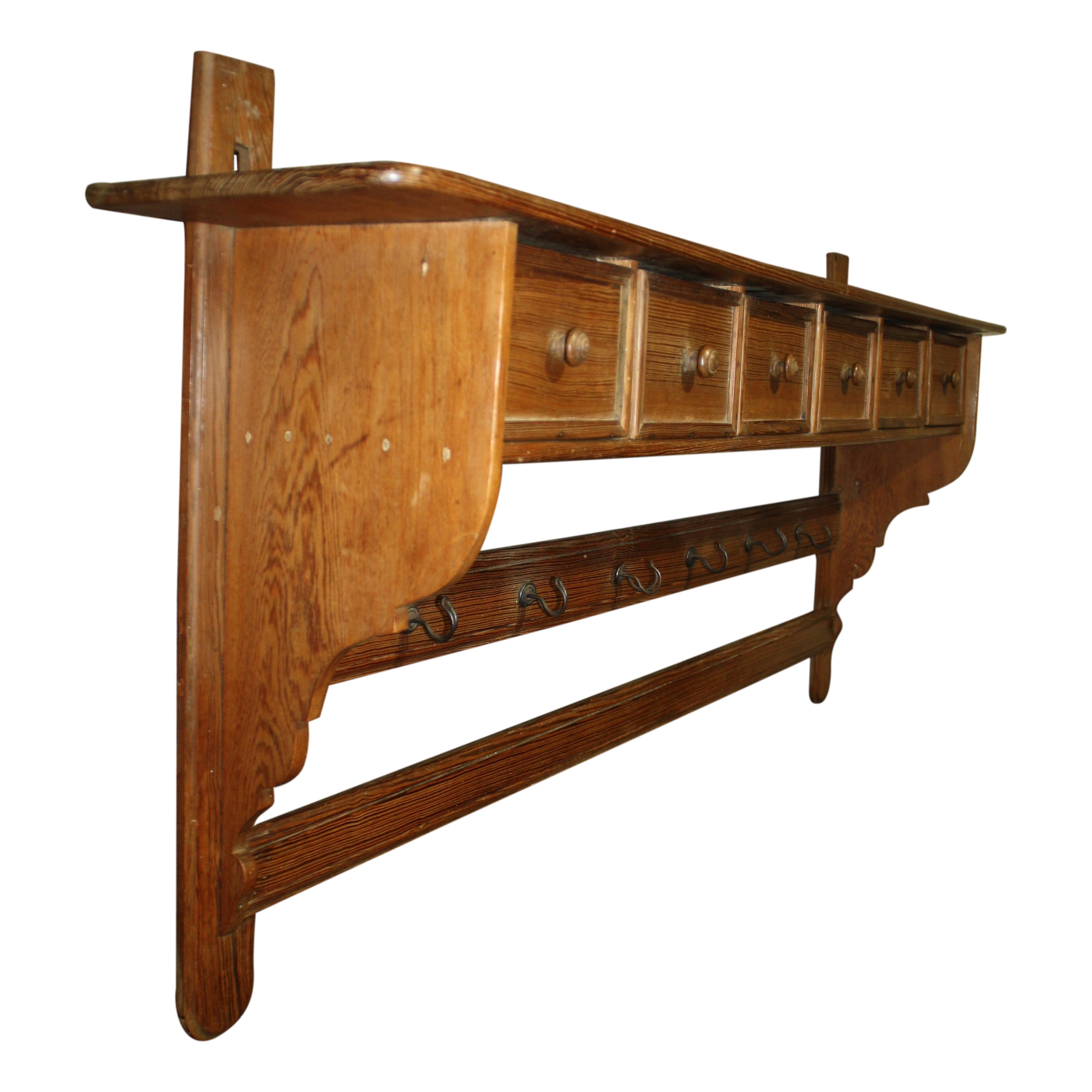 Pine Wall Rack with Drawers and Hooks