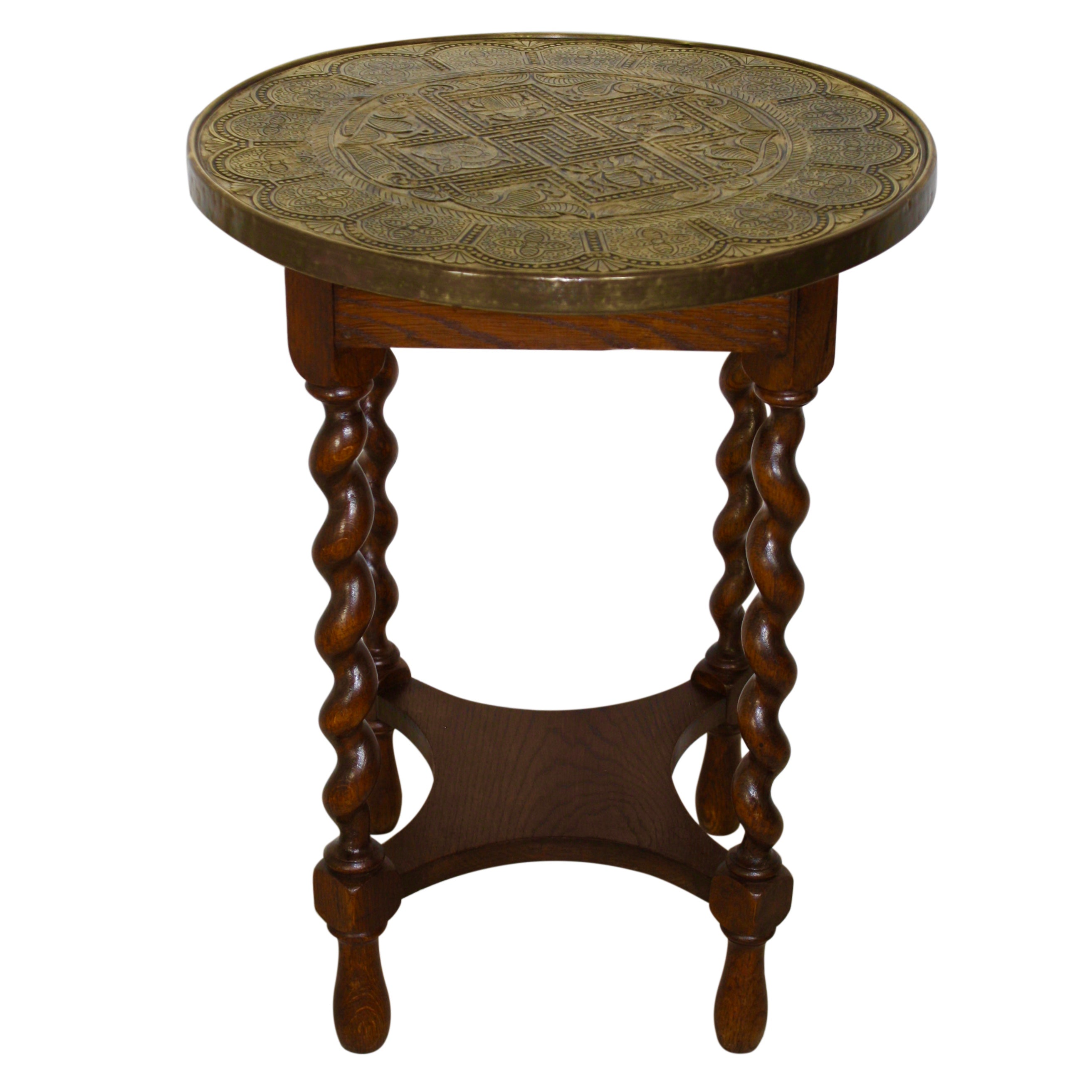 Round Side Table with Brass Embossed Top and Barley Twist Legs