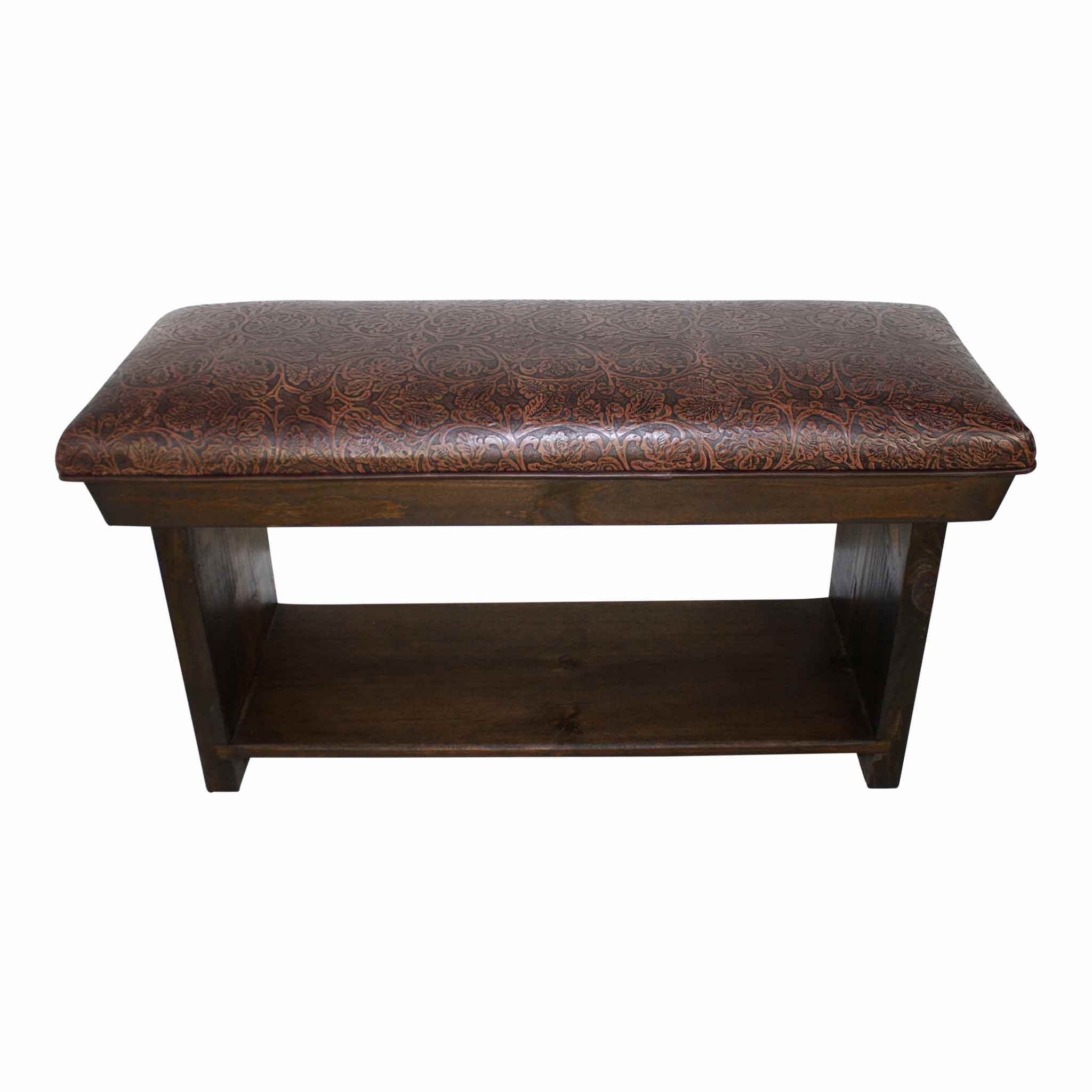 Cowboy Chocolate Pressed Leather Bench with Shelf