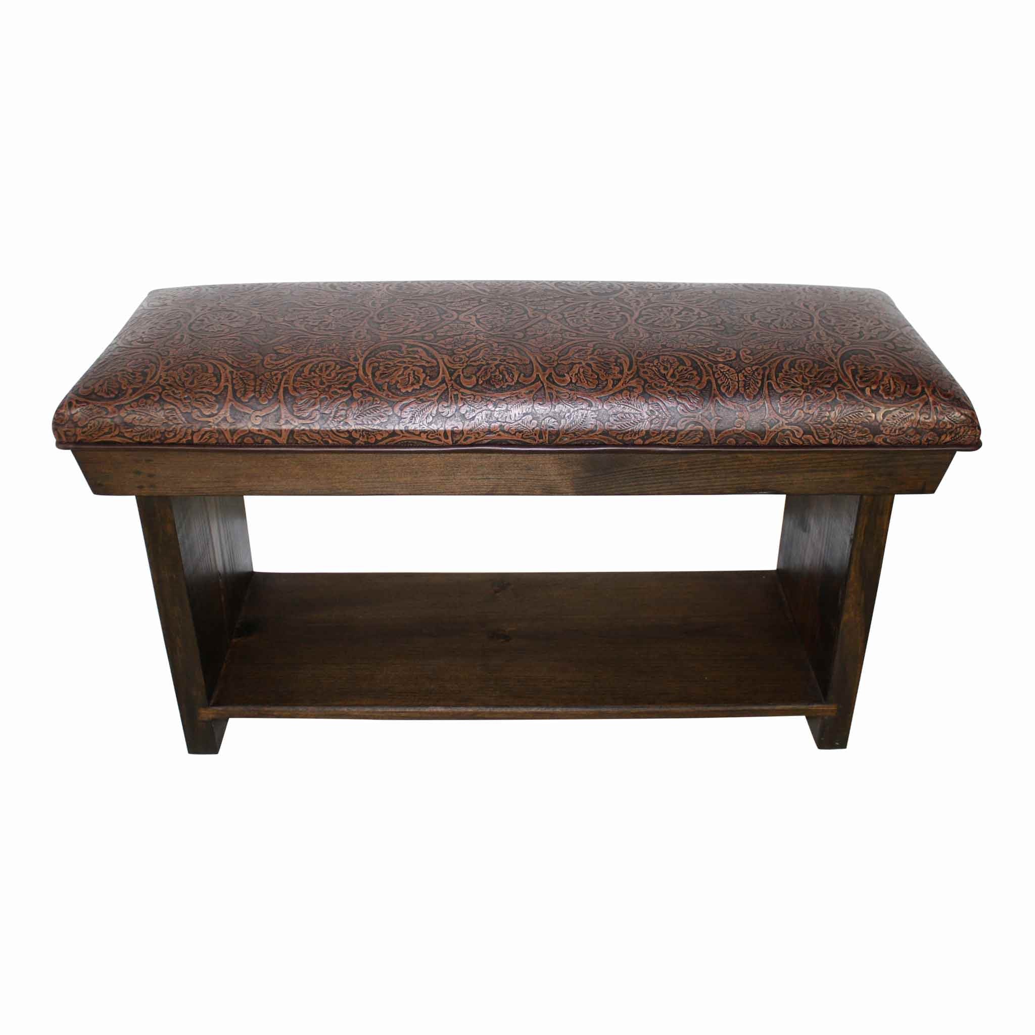 Cowboy Chocolate Pressed Leather Bench with Shelf