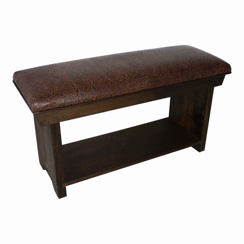 Cowboy Chocolate Pressed Leather Bench with Shelf