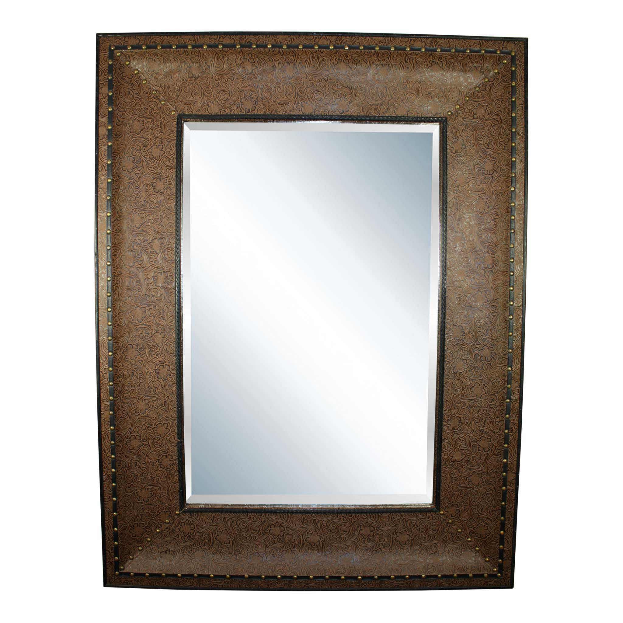 Mirror with Embossed Brown Leather Frame