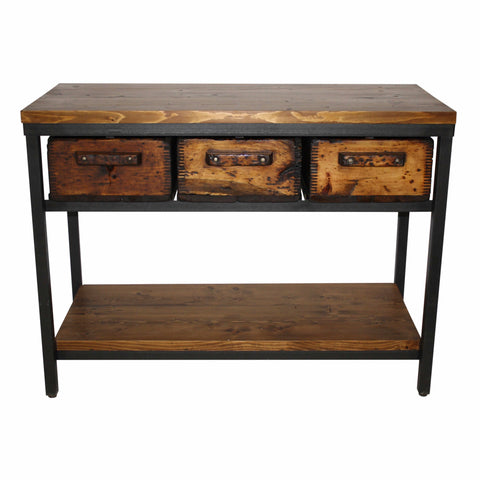 Industrial Pine Console Table with Three Drawers