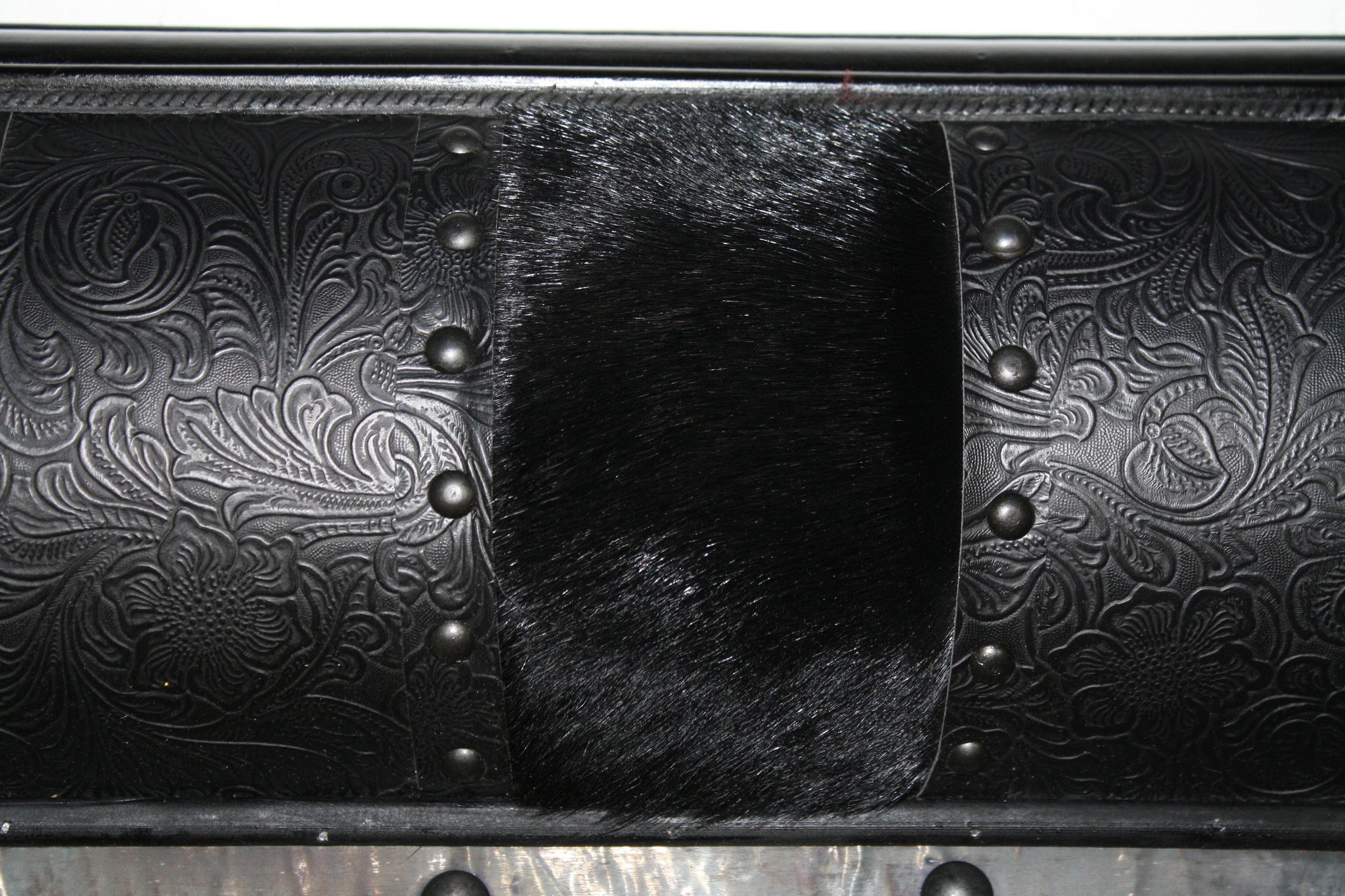 Full Length Mirror with Embossed Black Leather and Cowhide Frame